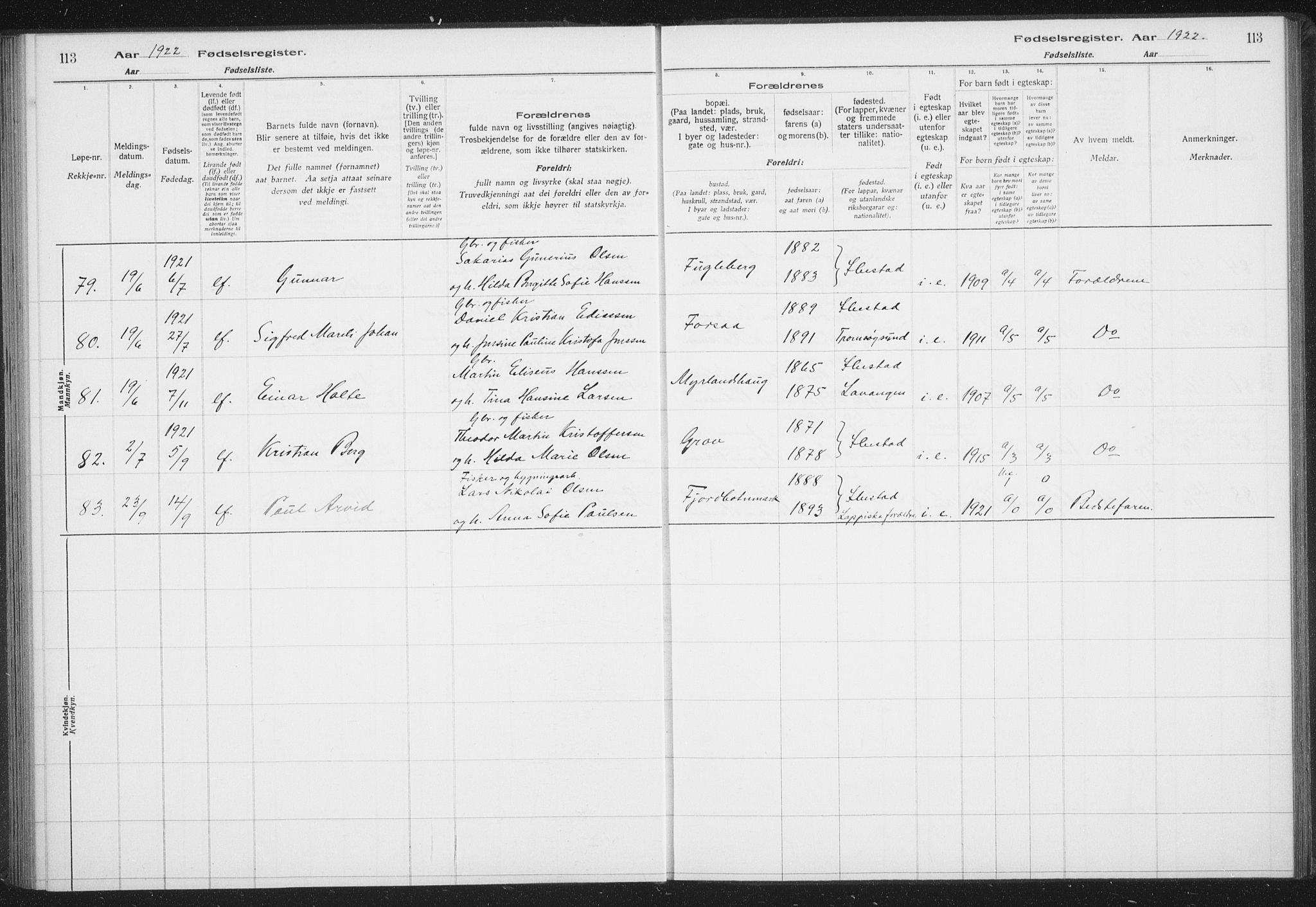 Ibestad sokneprestembete, AV/SATØ-S-0077/I/Ic/L0061: Fødselsregister nr. 61, 1917-1929, s. 113