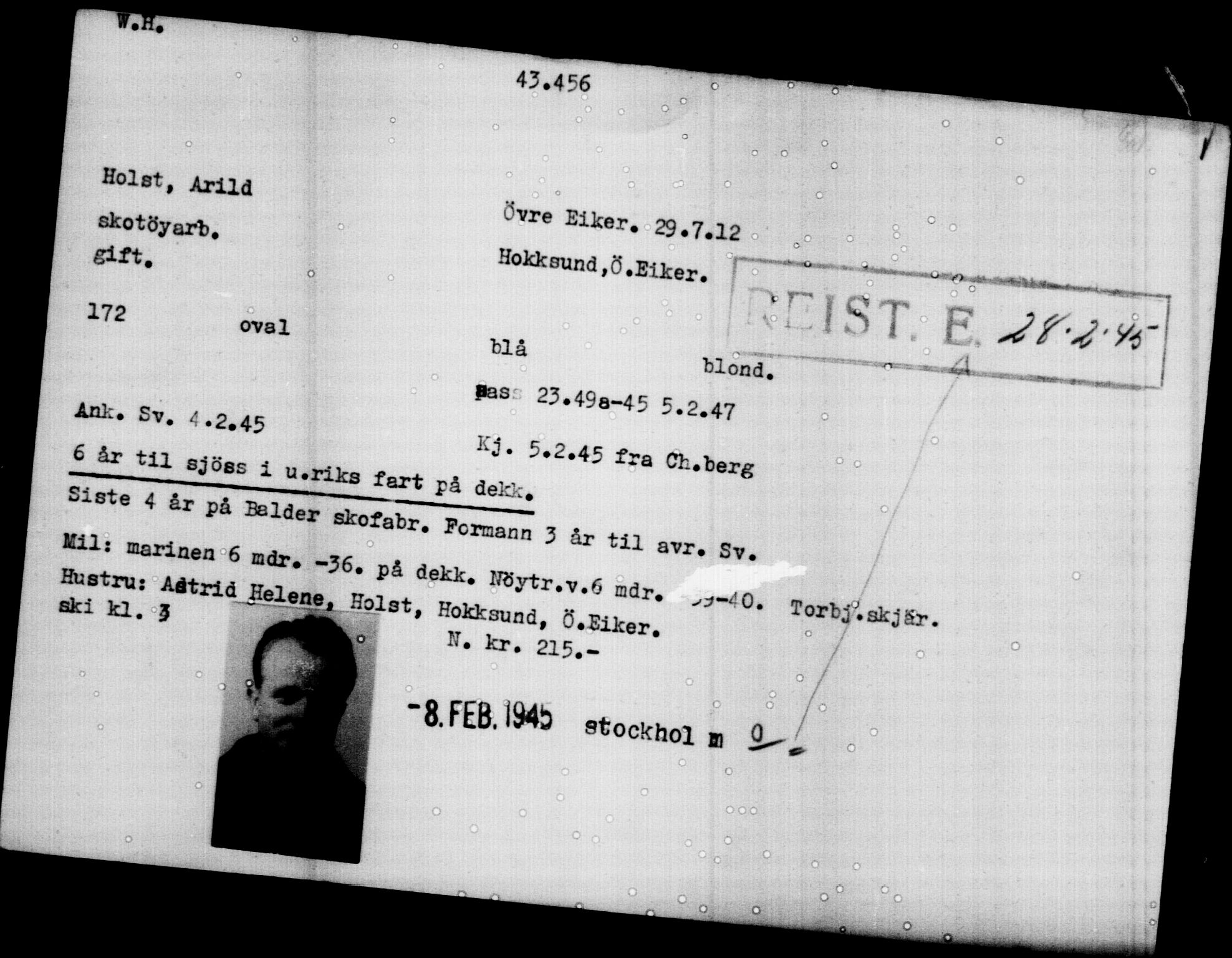 Utenriksstasjonene, Legasjonen i Stockholm, Flyktningkontoret, AV/RA-S-6753/V/Va/L0017: Kjesäterkartoteket, flyktninger med registreringsnr. 43400-46318, 1940-1945, s. 58