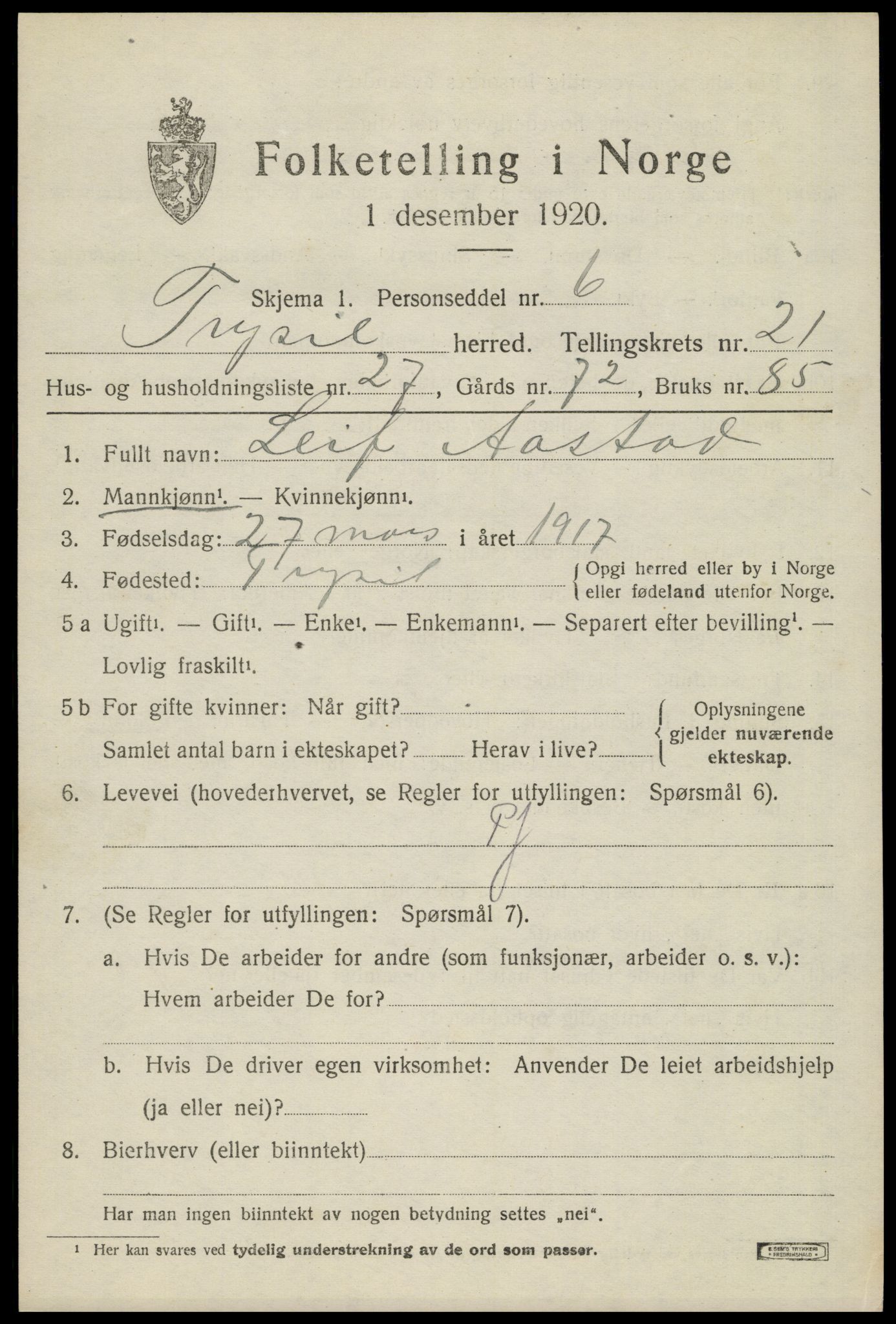 SAH, Folketelling 1920 for 0428 Trysil herred, 1920, s. 14099
