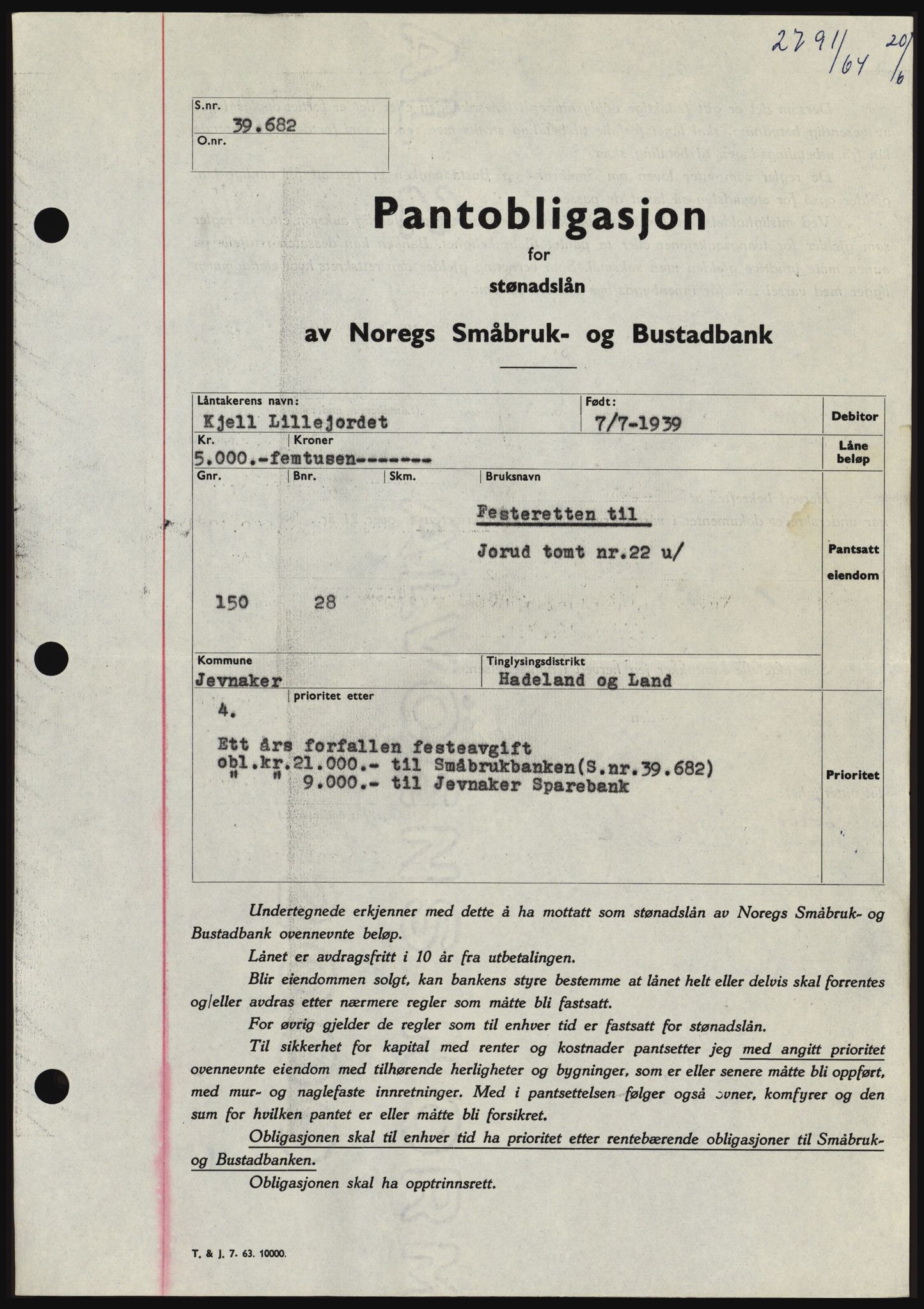 Hadeland og Land tingrett, SAH/TING-010/H/Hb/Hbc/L0055: Pantebok nr. B55, 1964-1964, Dagboknr: 2791/1964