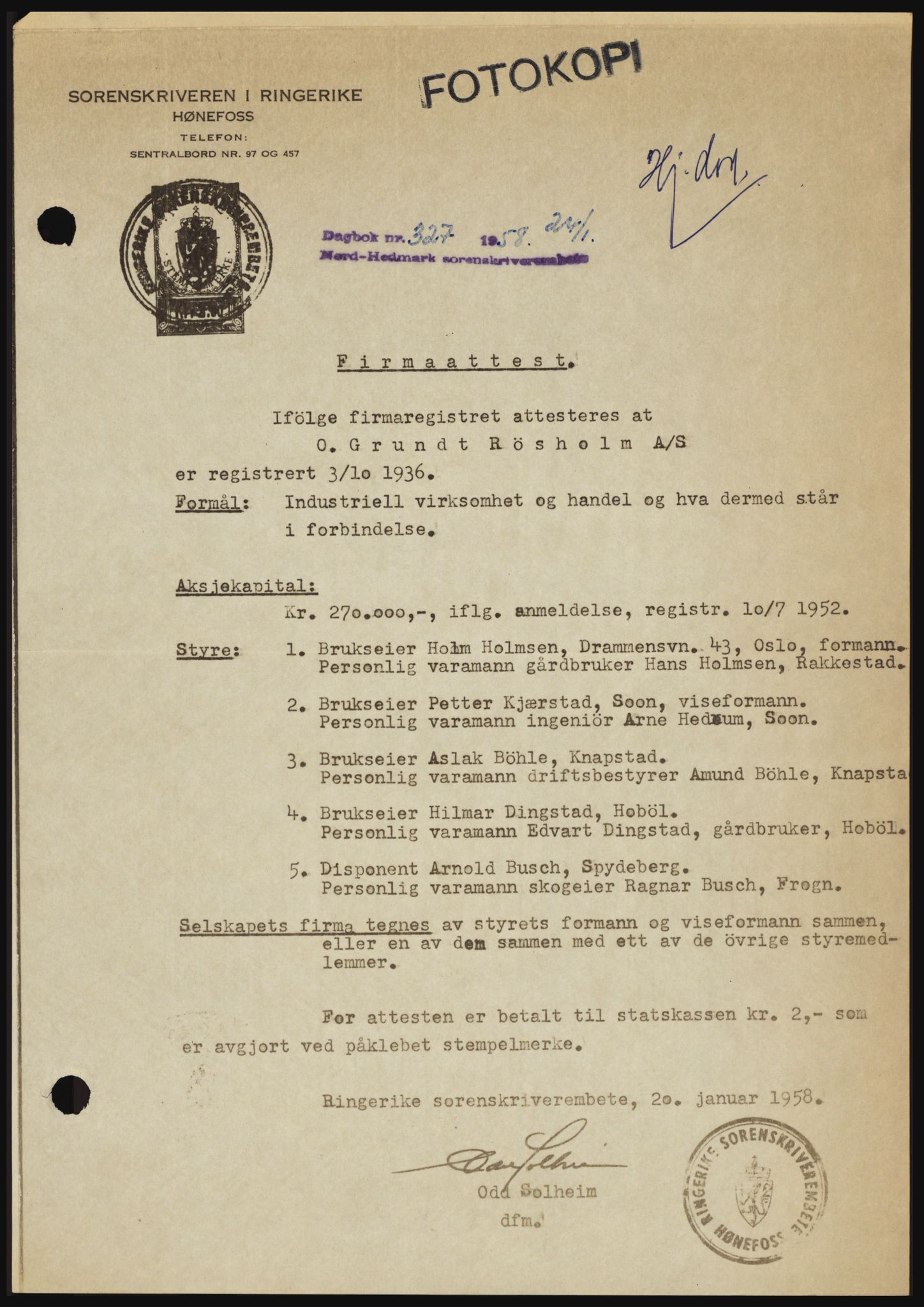 Nord-Hedmark sorenskriveri, SAH/TING-012/H/Hc/L0012: Pantebok nr. 12, 1957-1958, Dagboknr: 327/1958