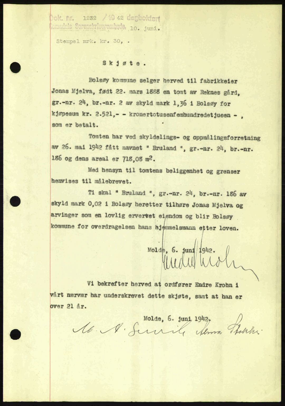 Romsdal sorenskriveri, SAT/A-4149/1/2/2C: Pantebok nr. A12, 1942-1942, Dagboknr: 1232/1942
