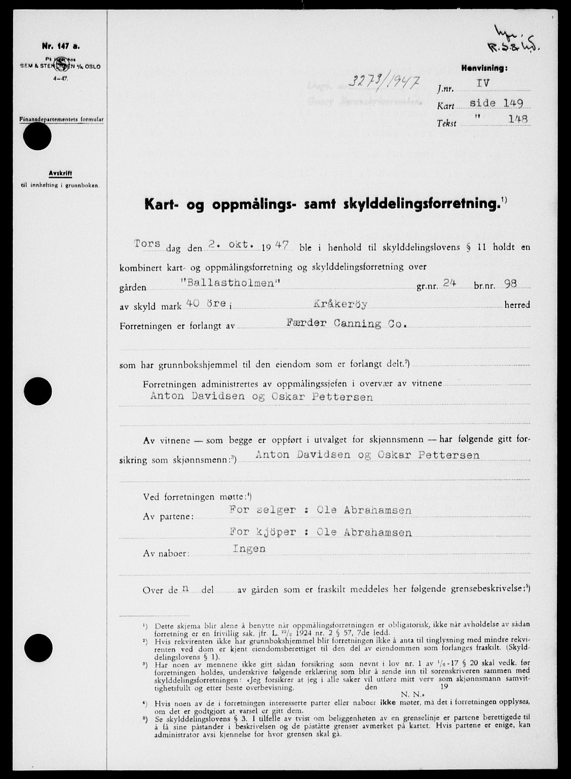 Onsøy sorenskriveri, SAO/A-10474/G/Ga/Gab/L0022: Pantebok nr. II A-22, 1947-1948, Dagboknr: 3273/1947