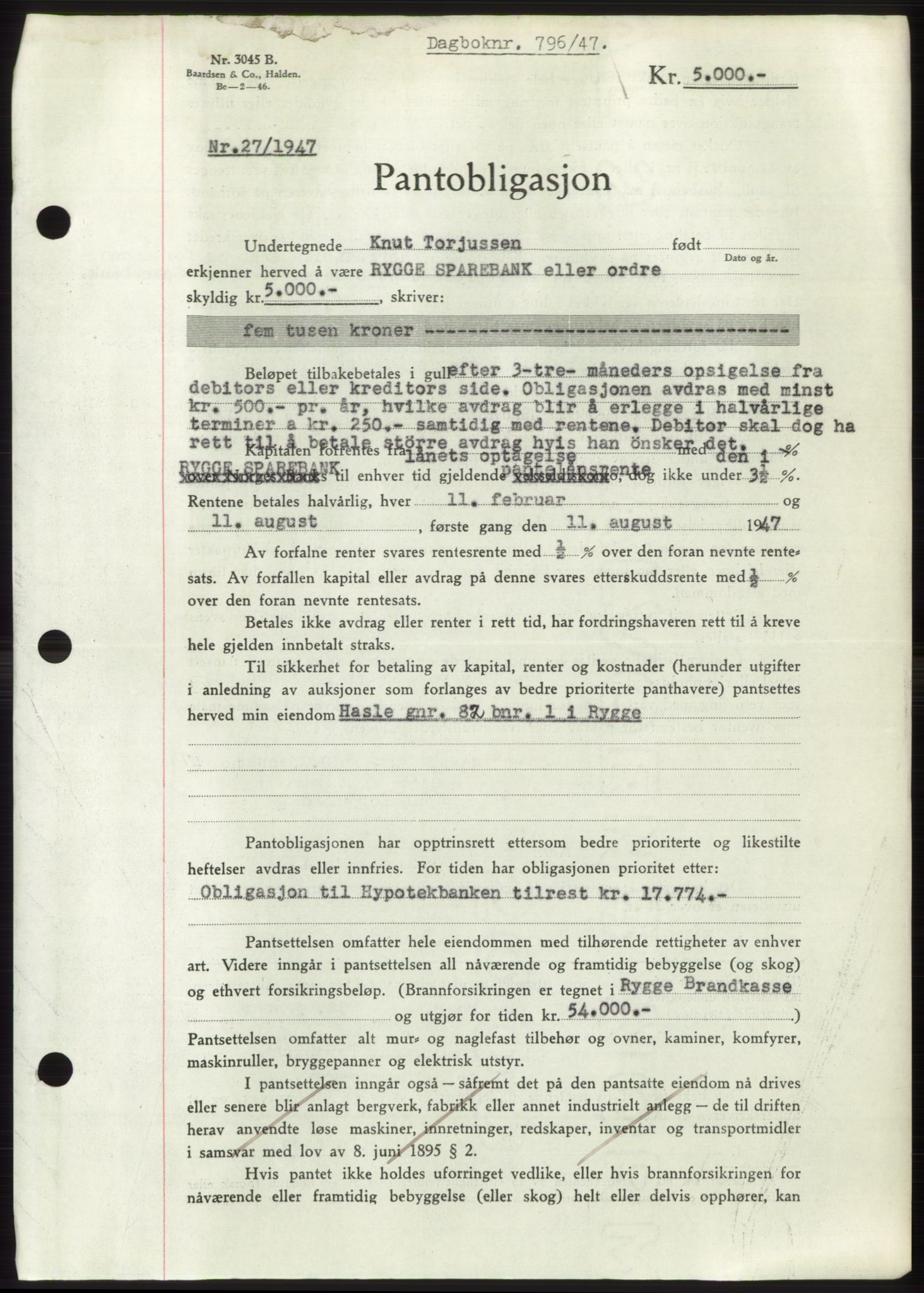 Moss sorenskriveri, SAO/A-10168: Pantebok nr. B16, 1946-1947, Dagboknr: 796/1947