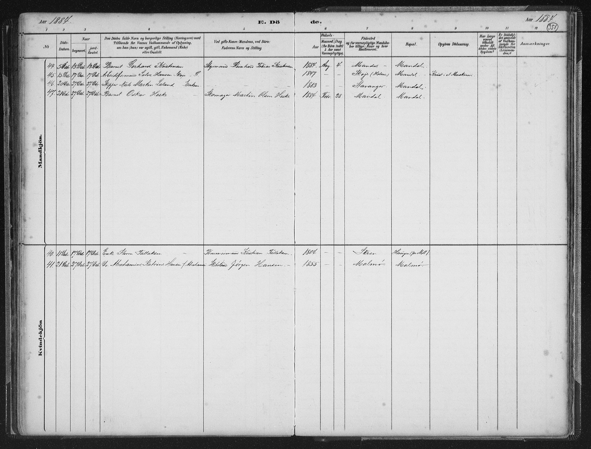 Mandal sokneprestkontor, SAK/1111-0030/F/Fb/Fba/L0011: Klokkerbok nr. B 5, 1880-1898, s. 351