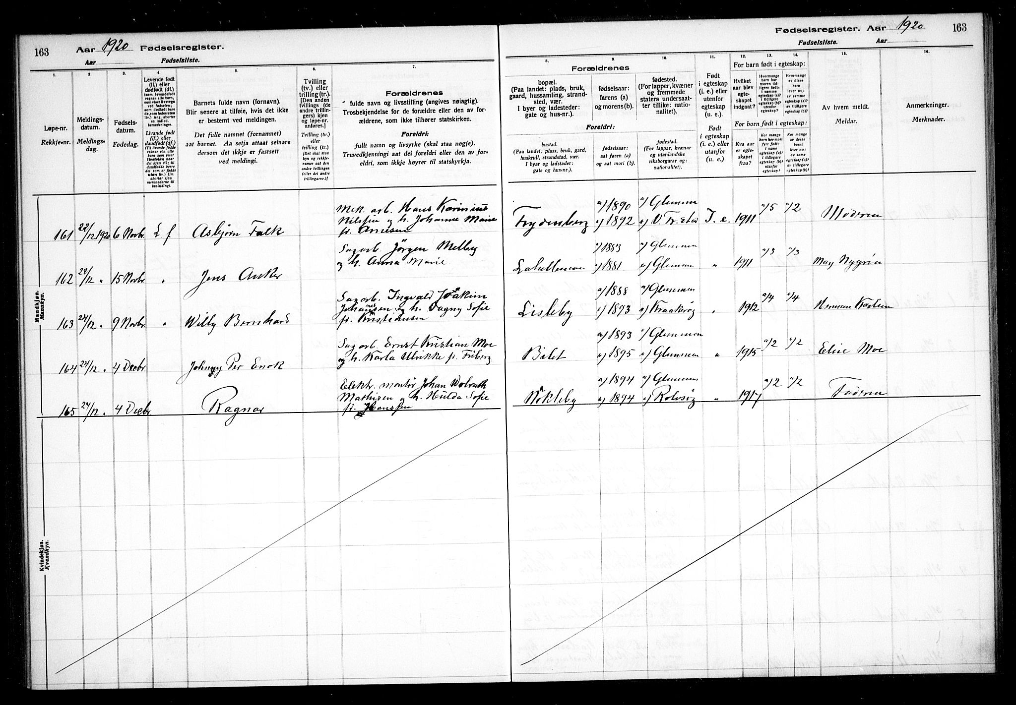 Glemmen prestekontor Kirkebøker, AV/SAO-A-10908/J/Ja/L0001: Fødselsregister nr. I 1, 1916-1922, s. 163