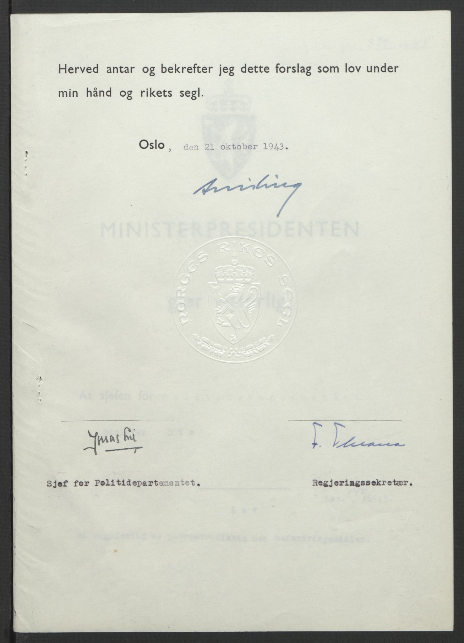NS-administrasjonen 1940-1945 (Statsrådsekretariatet, de kommisariske statsråder mm), RA/S-4279/D/Db/L0099: Lover, 1943, s. 656