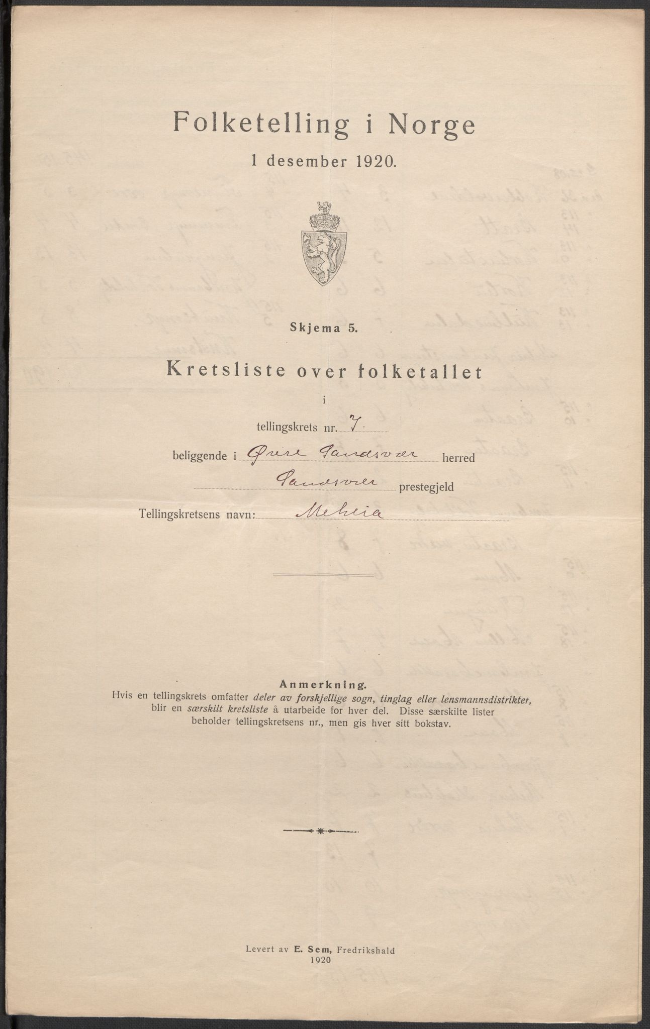 SAKO, Folketelling 1920 for 0630 Øvre Sandsvær herred, 1920, s. 22