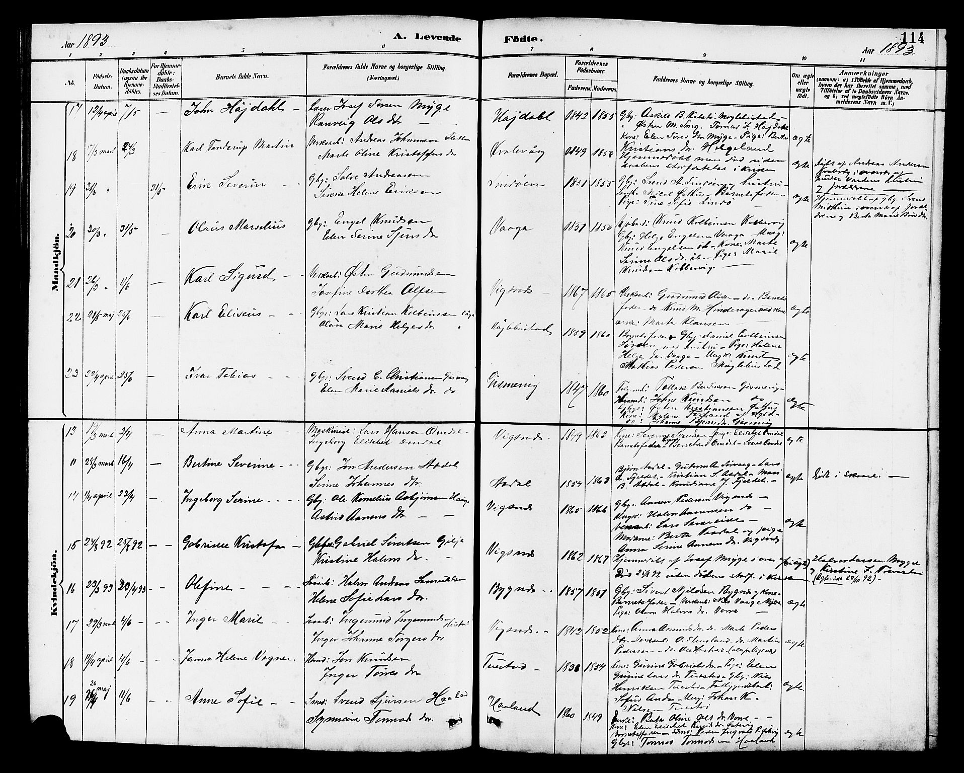 Avaldsnes sokneprestkontor, AV/SAST-A -101851/H/Ha/Hab/L0007: Klokkerbok nr. B 7, 1885-1909, s. 114