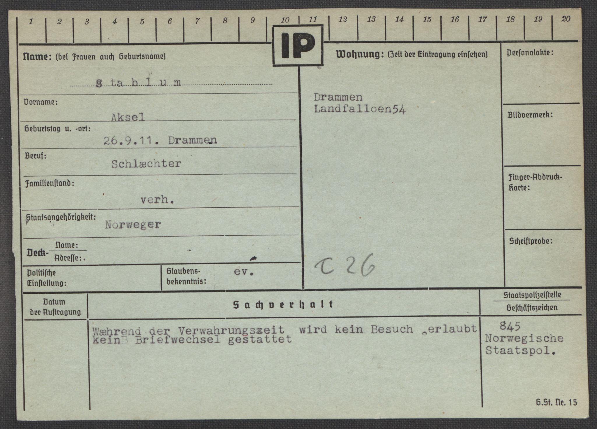 Befehlshaber der Sicherheitspolizei und des SD, RA/RAFA-5969/E/Ea/Eaa/L0009: Register over norske fanger i Møllergata 19: Ru-Sy, 1940-1945, s. 1102