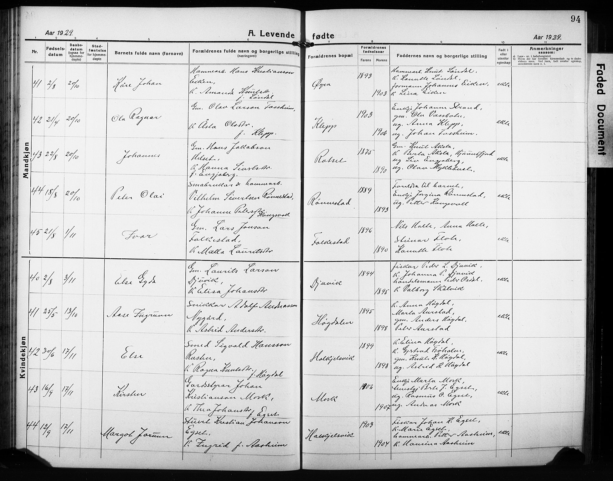 Ministerialprotokoller, klokkerbøker og fødselsregistre - Møre og Romsdal, AV/SAT-A-1454/511/L0160: Klokkerbok nr. 511C06, 1920-1932, s. 94