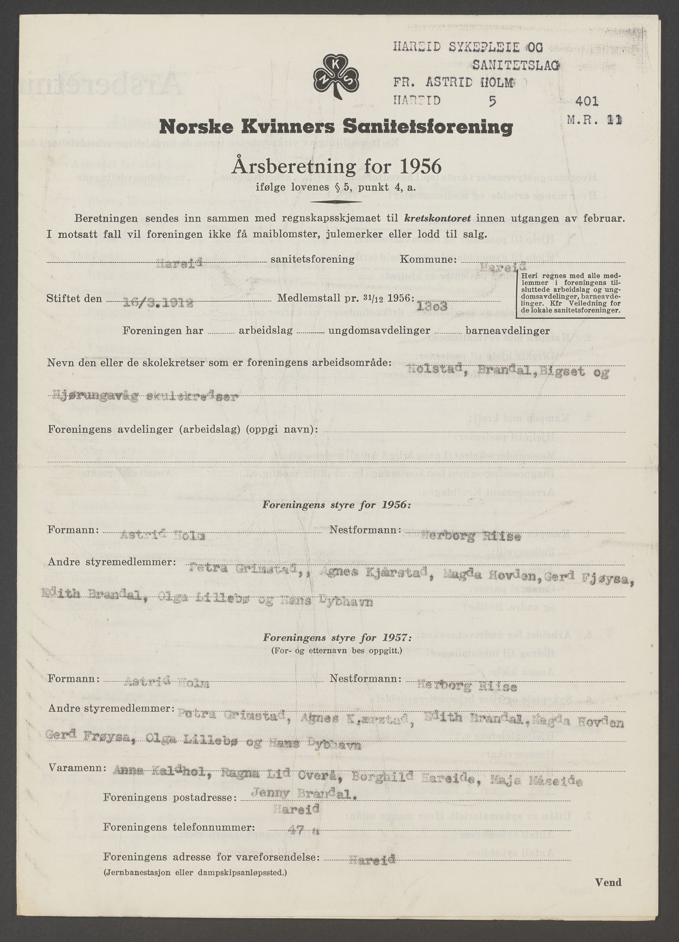 Hareid sanitetslag, IKAM/P-00271/A/Ab/L0001/0005: Årsmeldinger og regnskap / Årsmeldinger og regnskap, 1956