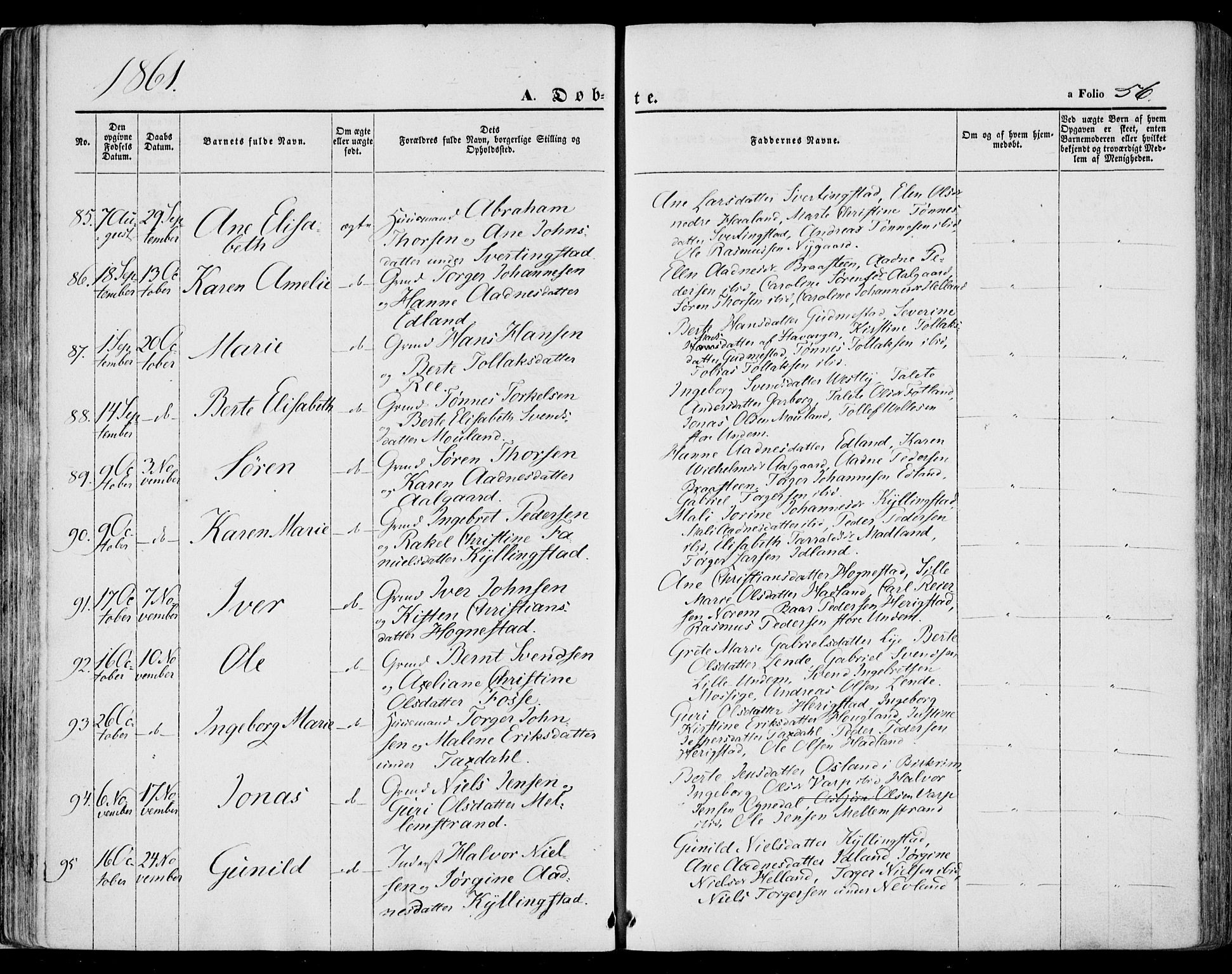 Lye sokneprestkontor, AV/SAST-A-101794/001/30BA/L0007: Ministerialbok nr. A 6, 1856-1871, s. 56