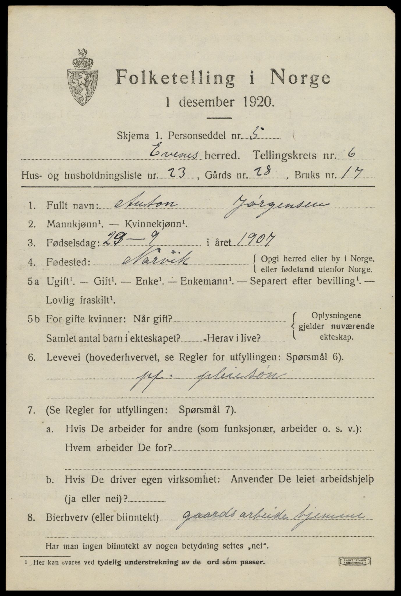 SAT, Folketelling 1920 for 1853 Evenes herred, 1920, s. 5736