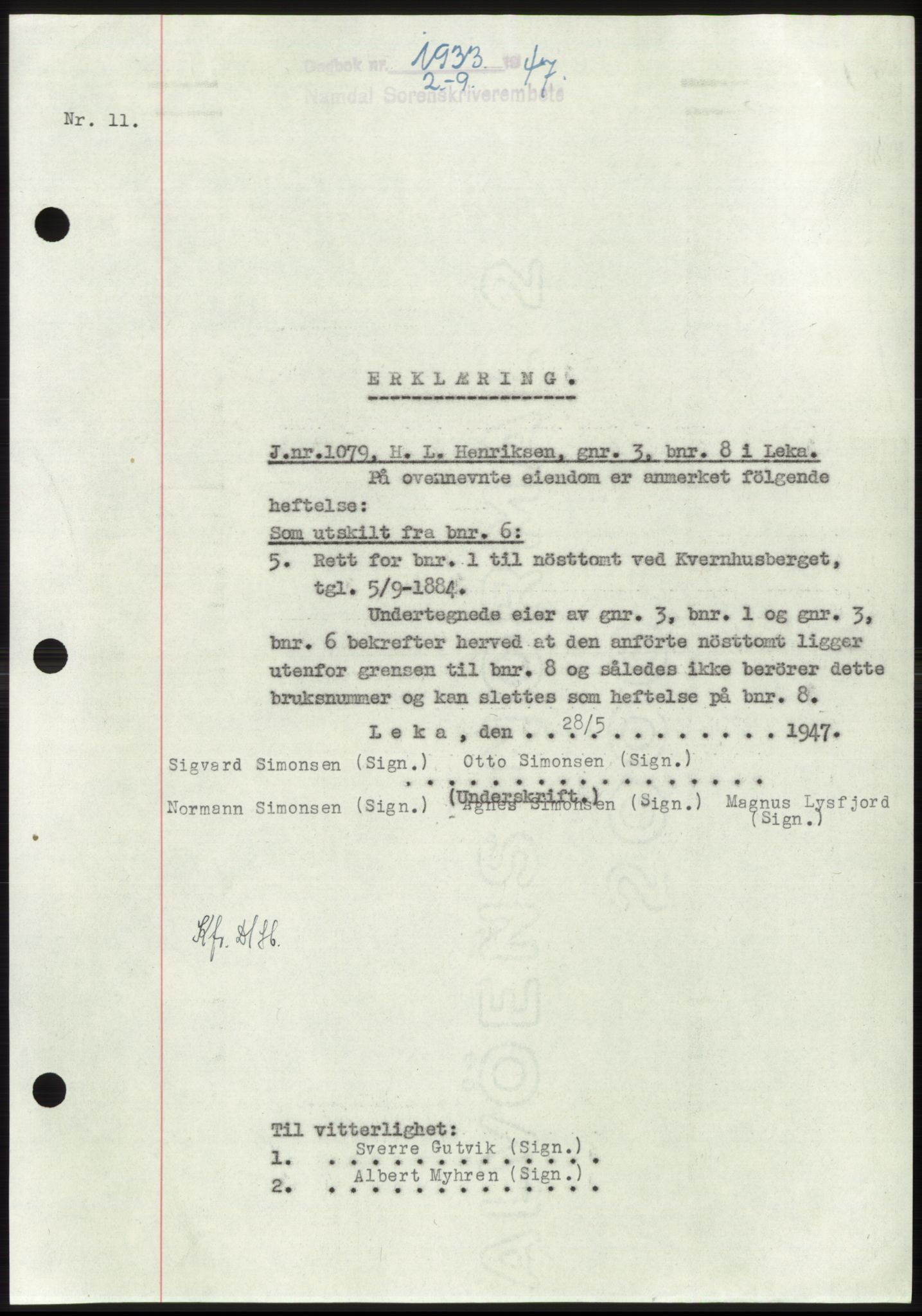 Namdal sorenskriveri, SAT/A-4133/1/2/2C: Pantebok nr. -, 1947-1947, Dagboknr: 1933/1947
