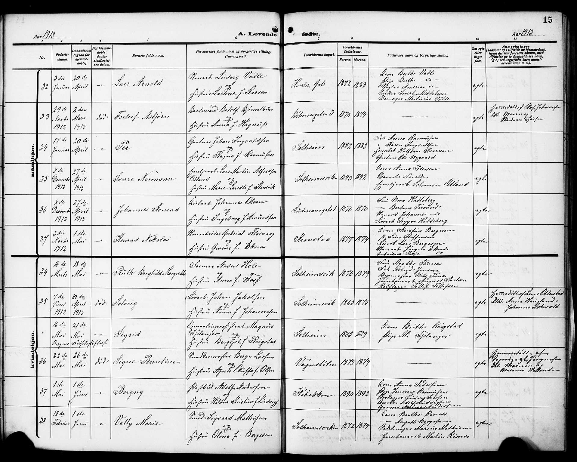 Årstad Sokneprestembete, AV/SAB-A-79301/H/Hab/L0003: Klokkerbok nr. A 3, 1912-1921, s. 15