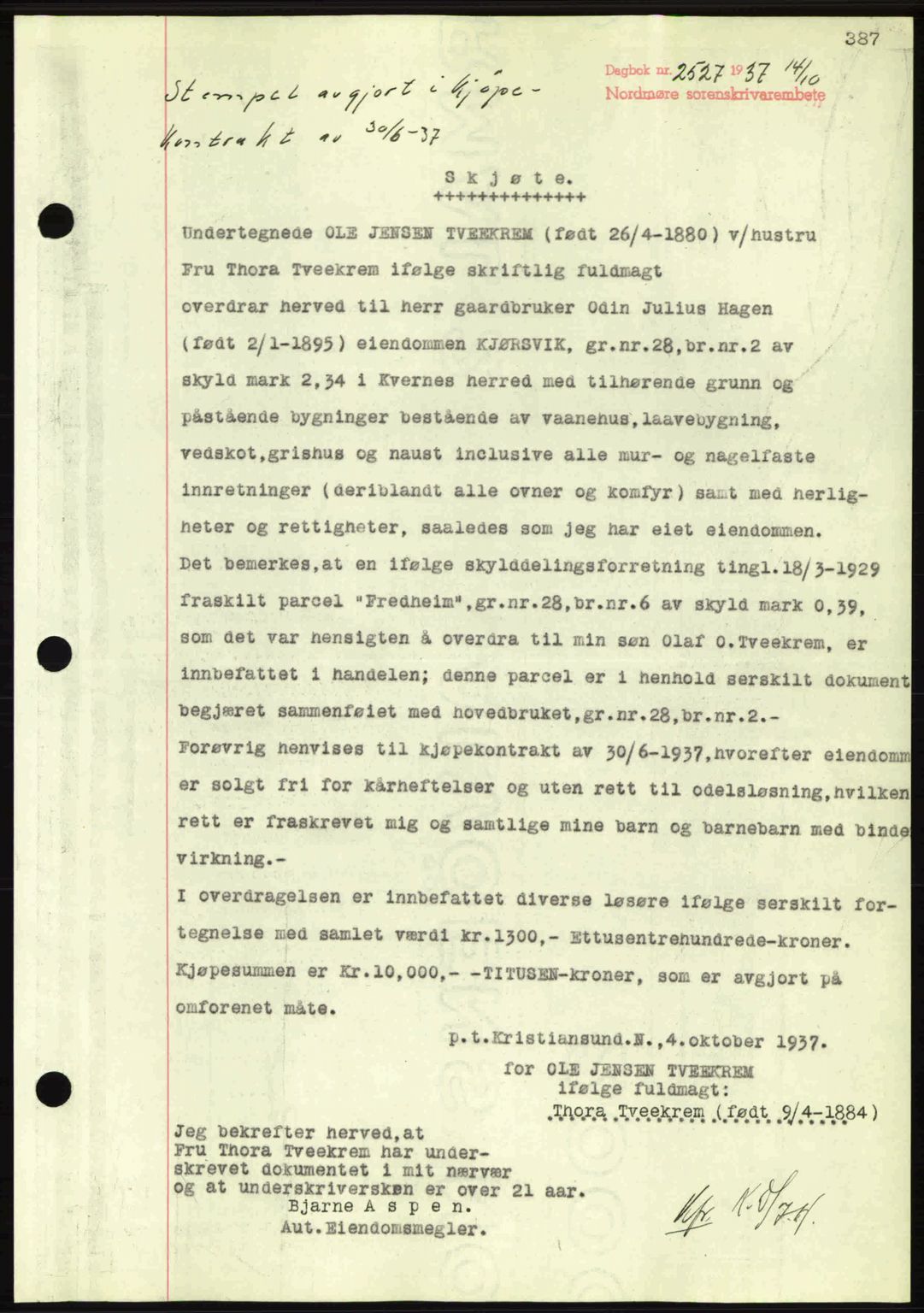 Nordmøre sorenskriveri, SAT/A-4132/1/2/2Ca: Pantebok nr. A82, 1937-1938, Dagboknr: 2527/1937
