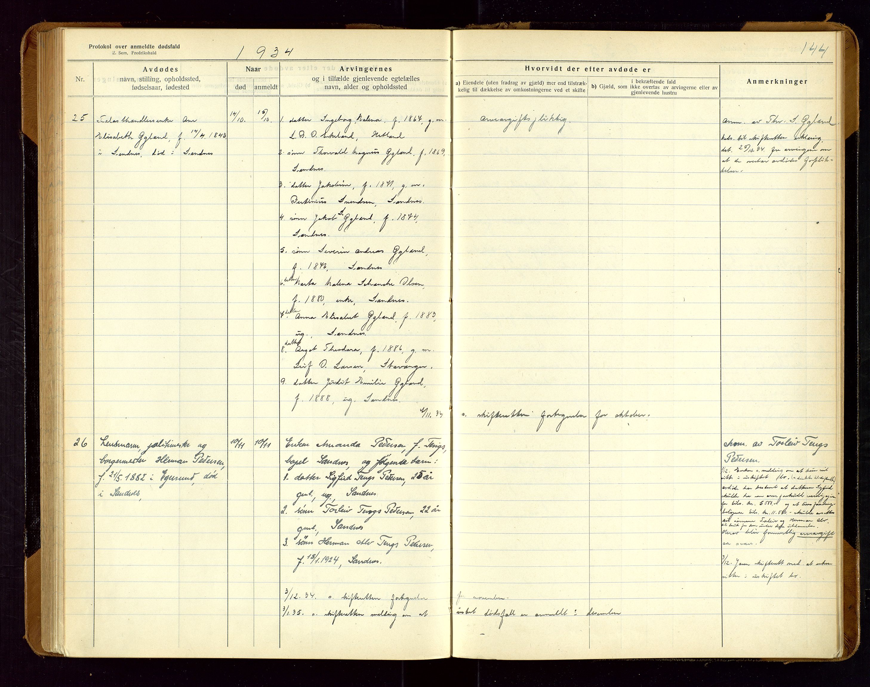 Sandnes lensmannskontor, SAST/A-100167/Gga/L0001: "Protokol over anmeldte dødsfald" m/register, 1918-1940, s. 144