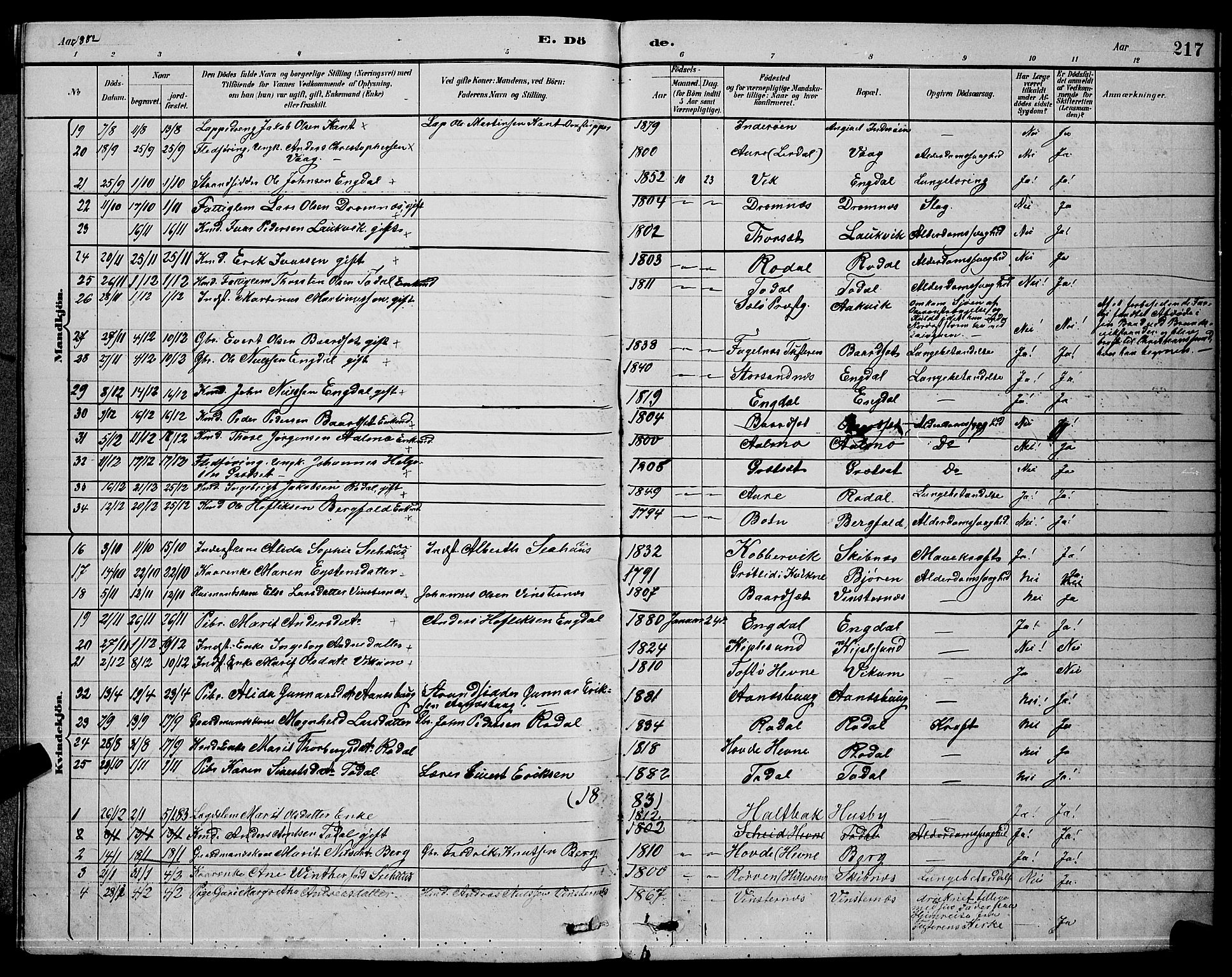 Ministerialprotokoller, klokkerbøker og fødselsregistre - Møre og Romsdal, AV/SAT-A-1454/578/L0909: Klokkerbok nr. 578C02, 1882-1900, s. 217