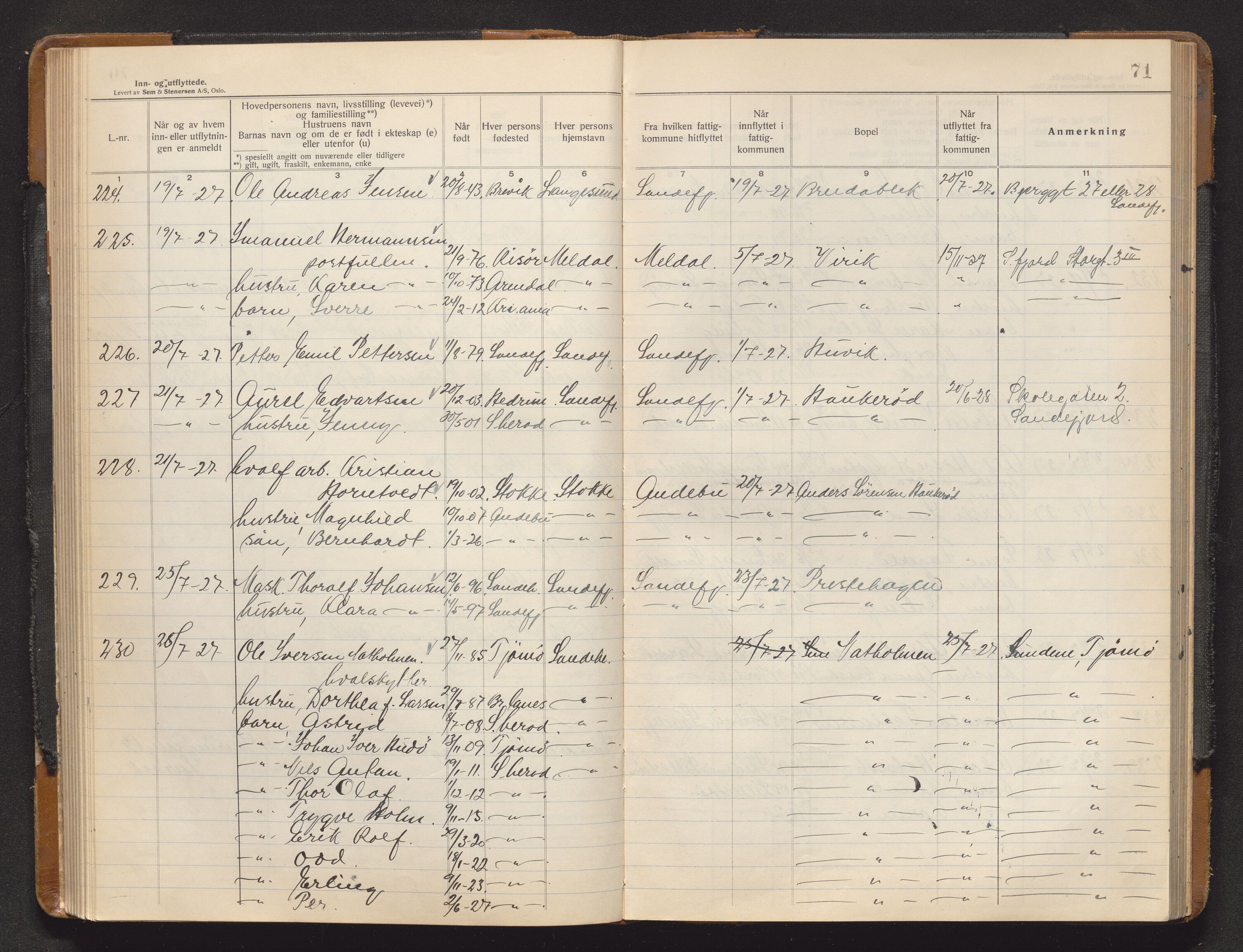 Sandar lensmannskontor, AV/SAKO-A-545/O/Oa/L0007: Protokoll over inn- og utflyttede, 1925-1929, s. 70b-71a