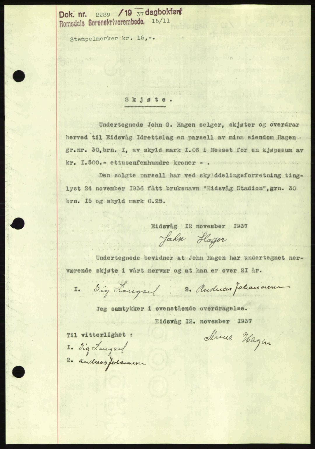 Romsdal sorenskriveri, SAT/A-4149/1/2/2C: Pantebok nr. A4, 1937-1938, Dagboknr: 2289/1937