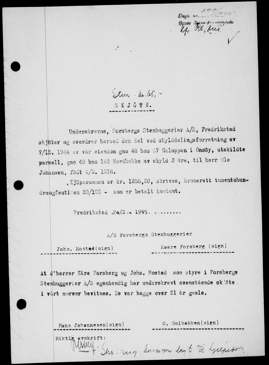 Onsøy sorenskriveri, SAO/A-10474/G/Ga/Gab/L0014: Pantebok nr. II A-14, 1944-1945, Dagboknr: 399/1945