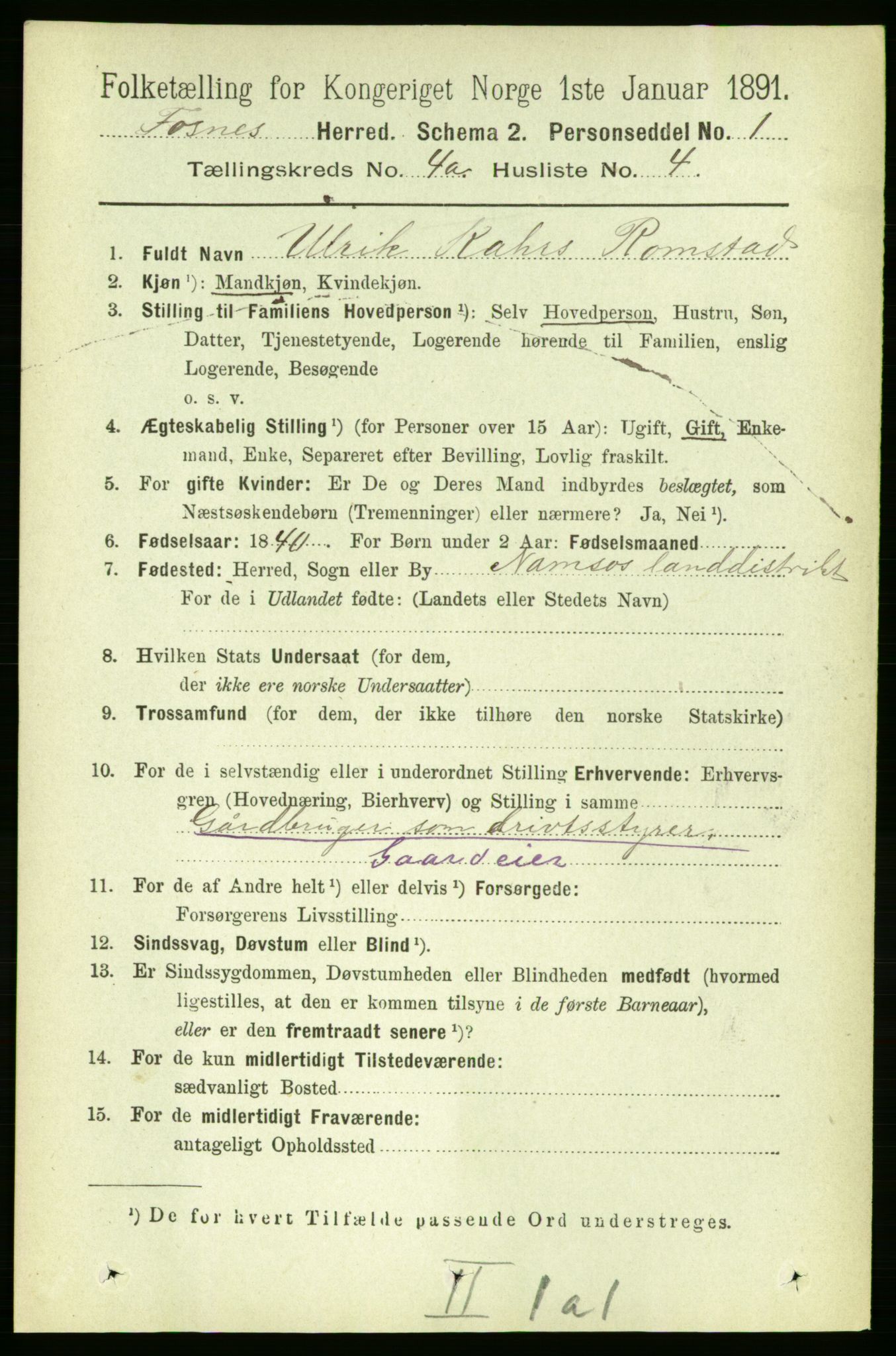 RA, Folketelling 1891 for 1748 Fosnes herred, 1891, s. 1405