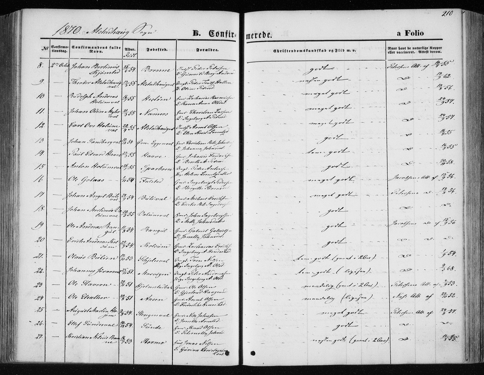 Ministerialprotokoller, klokkerbøker og fødselsregistre - Nord-Trøndelag, SAT/A-1458/717/L0157: Ministerialbok nr. 717A08 /1, 1863-1877, s. 210