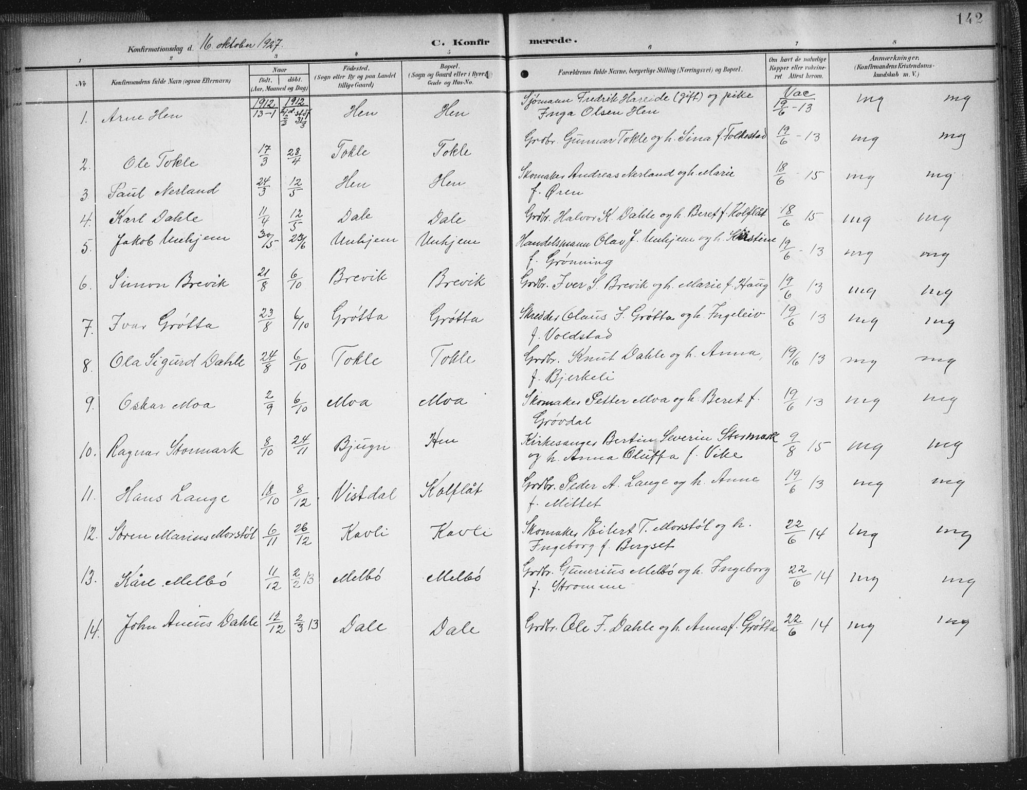 Ministerialprotokoller, klokkerbøker og fødselsregistre - Møre og Romsdal, SAT/A-1454/545/L0589: Klokkerbok nr. 545C03, 1902-1937, s. 142