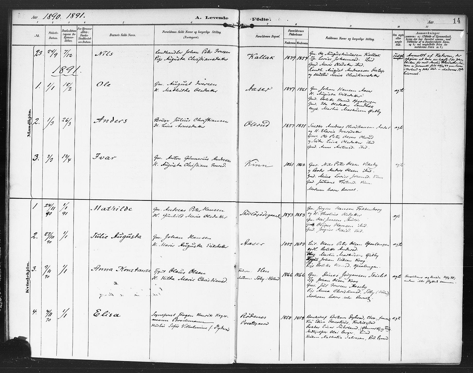 Rødenes prestekontor Kirkebøker, SAO/A-2005/F/Fa/L0010: Ministerialbok nr. I 10, 1890-1900, s. 14