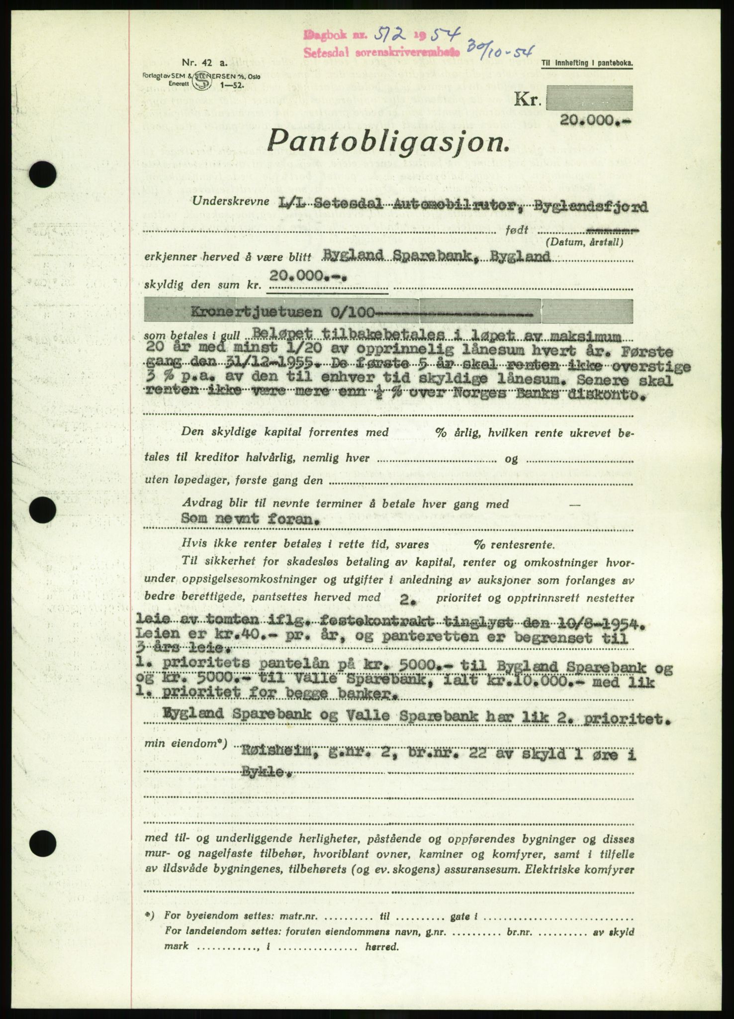 Setesdal sorenskriveri, SAK/1221-0011/G/Gb/L0052: Pantebok nr. B 40, 1954-1955, Dagboknr: 512/1954