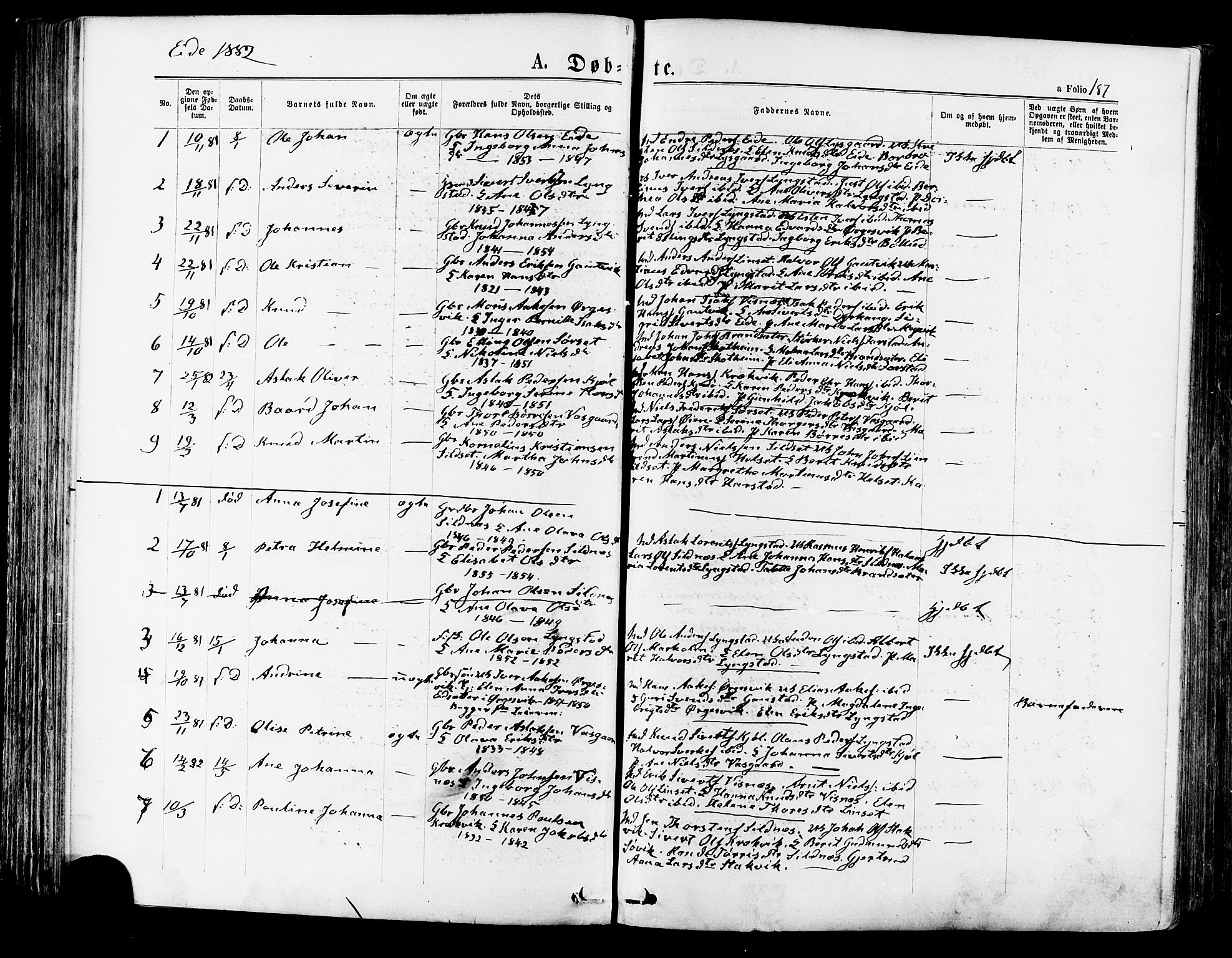 Ministerialprotokoller, klokkerbøker og fødselsregistre - Møre og Romsdal, AV/SAT-A-1454/568/L0806: Ministerialbok nr. 568A12 /4, 1878-1884, s. 187