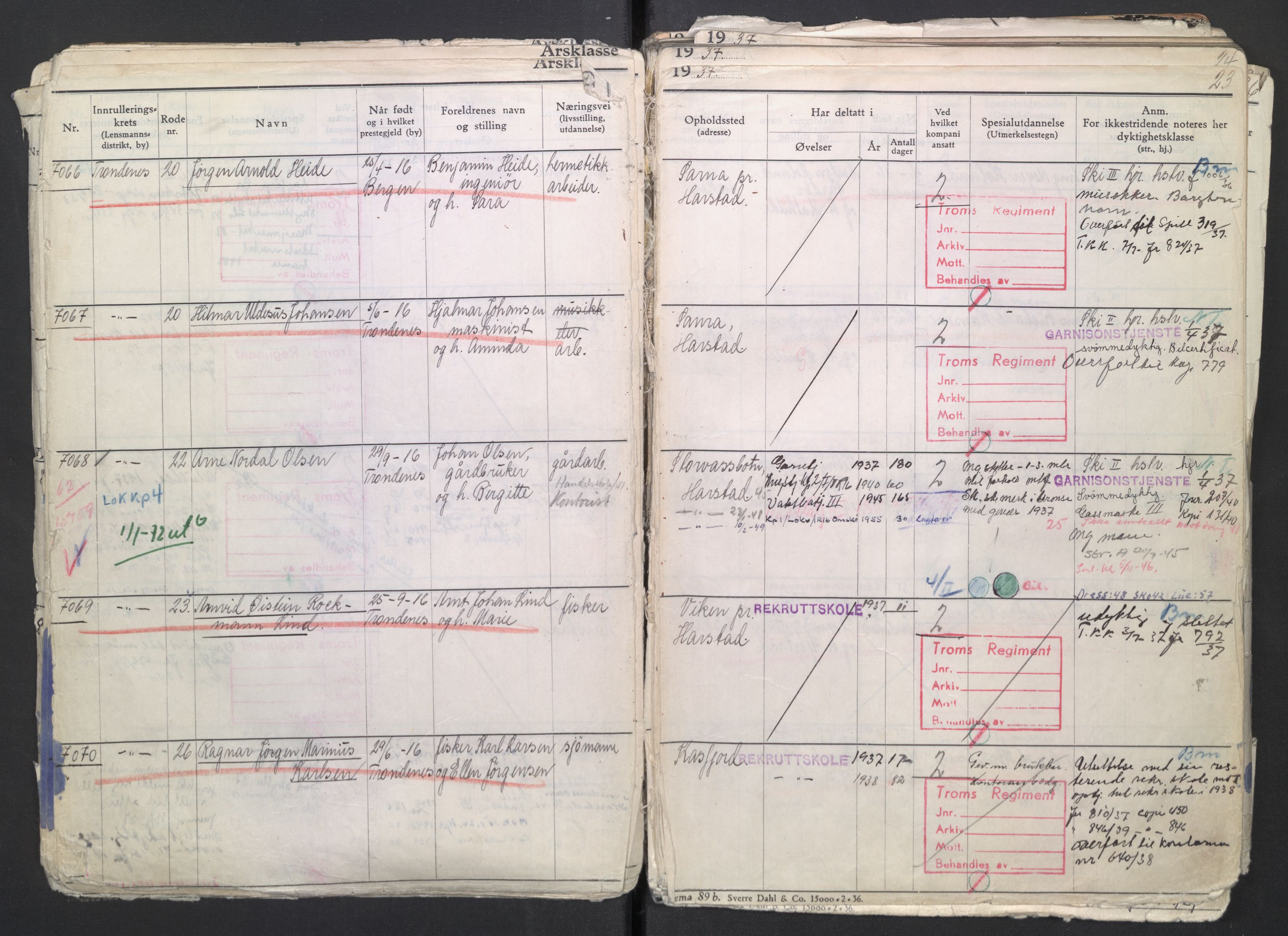 Forsvaret, Troms infanteriregiment nr. 16, AV/RA-RAFA-3146/P/Pa/L0007/0002: Ruller / Rulle for regimentets menige mannskaper, årsklasse 1937, 1937, s. 23