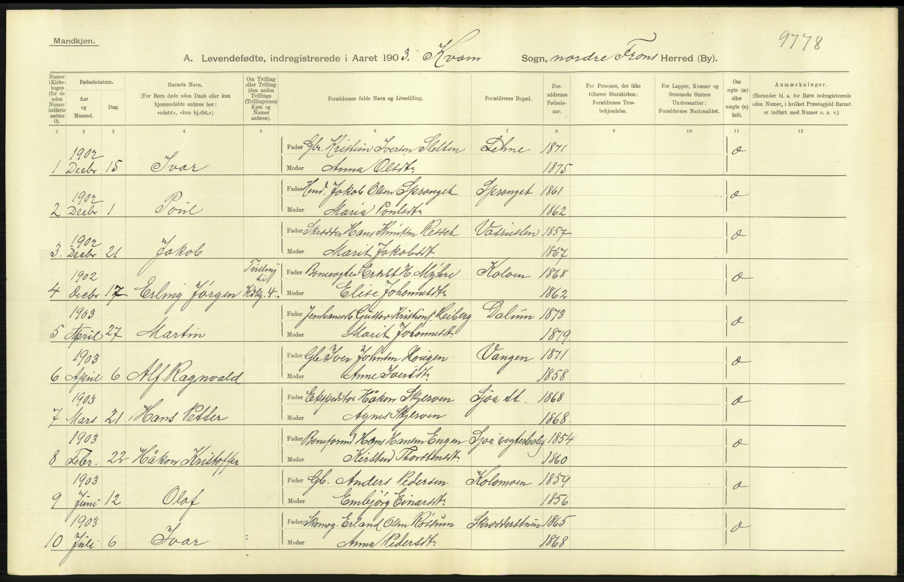 Statistisk sentralbyrå, Sosiodemografiske emner, Befolkning, AV/RA-S-2228/D/Df/Dfa/Dfaa/L0006: Kristians amt: Fødte, gifte, døde, 1903, s. 57