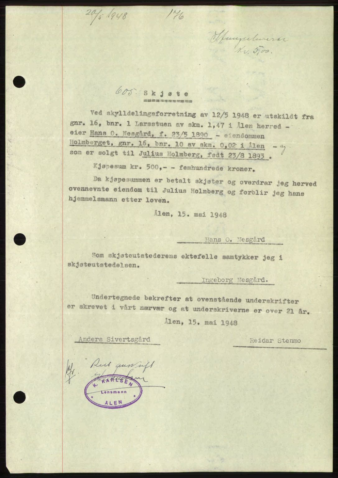 Gauldal sorenskriveri, SAT/A-0014/1/2/2C: Pantebok nr. A5, 1947-1948, Dagboknr: 605/1948