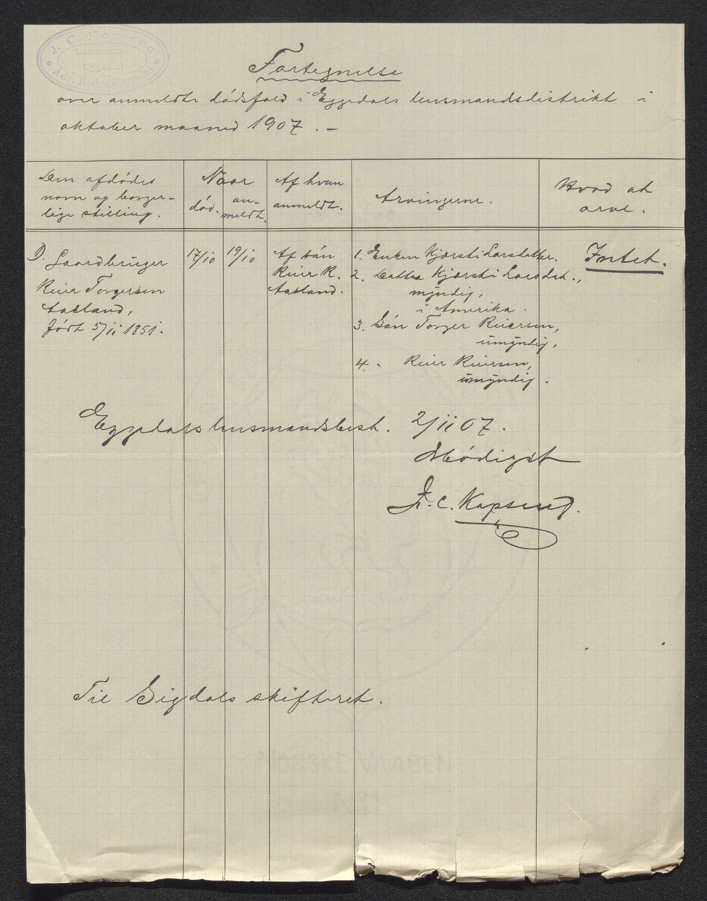 Eiker, Modum og Sigdal sorenskriveri, AV/SAKO-A-123/H/Ha/Hab/L0032: Dødsfallsmeldinger, 1907-1908, s. 374