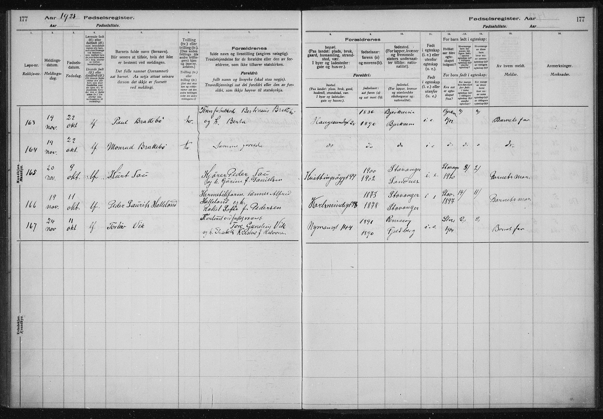 St. Johannes sokneprestkontor, AV/SAST-A-101814/002/A/L0002: Fødselsregister nr. 2, 1919-1924, s. 177