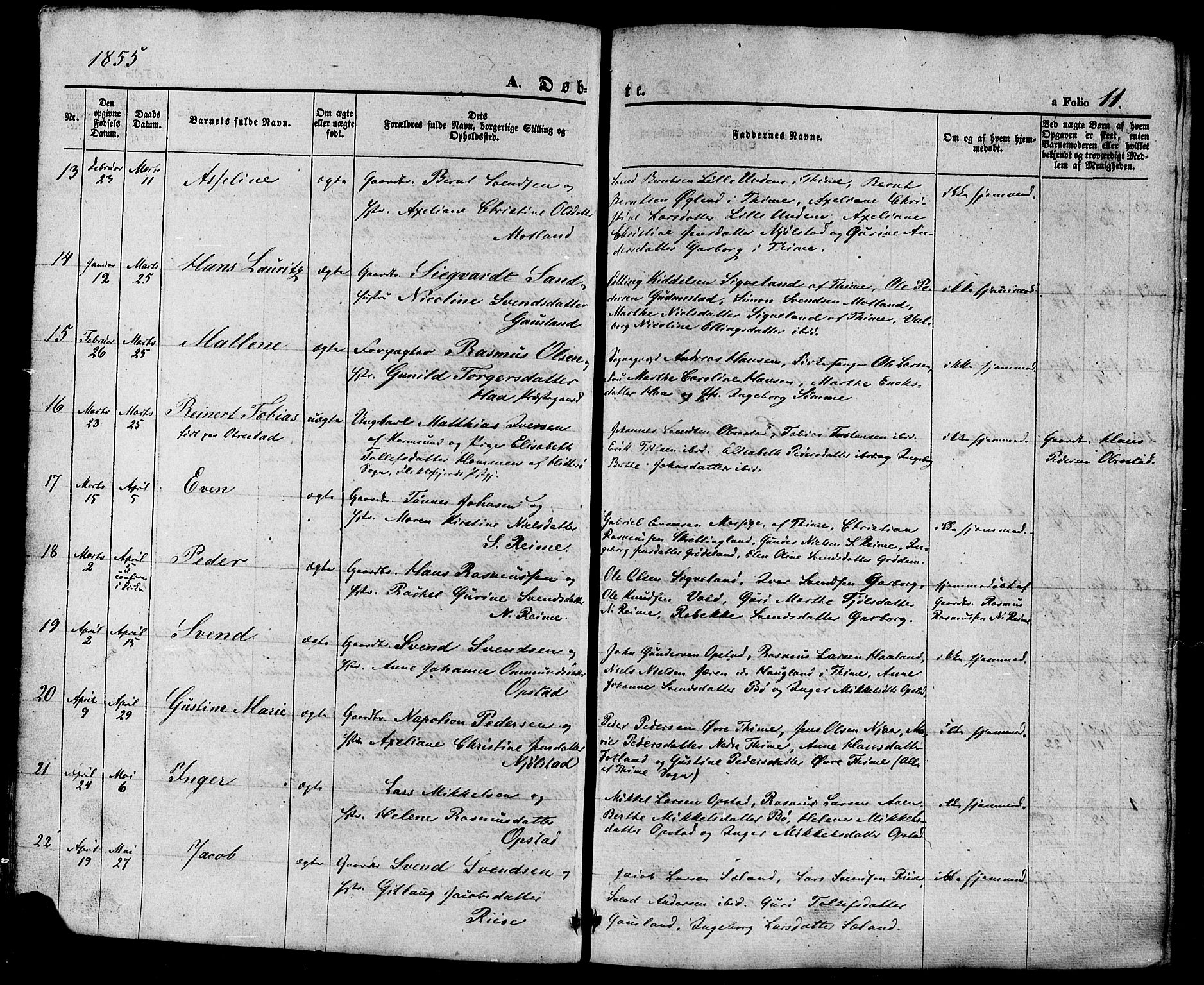 Hå sokneprestkontor, AV/SAST-A-101801/001/30BA/L0008: Ministerialbok nr. A 7, 1853-1878, s. 11