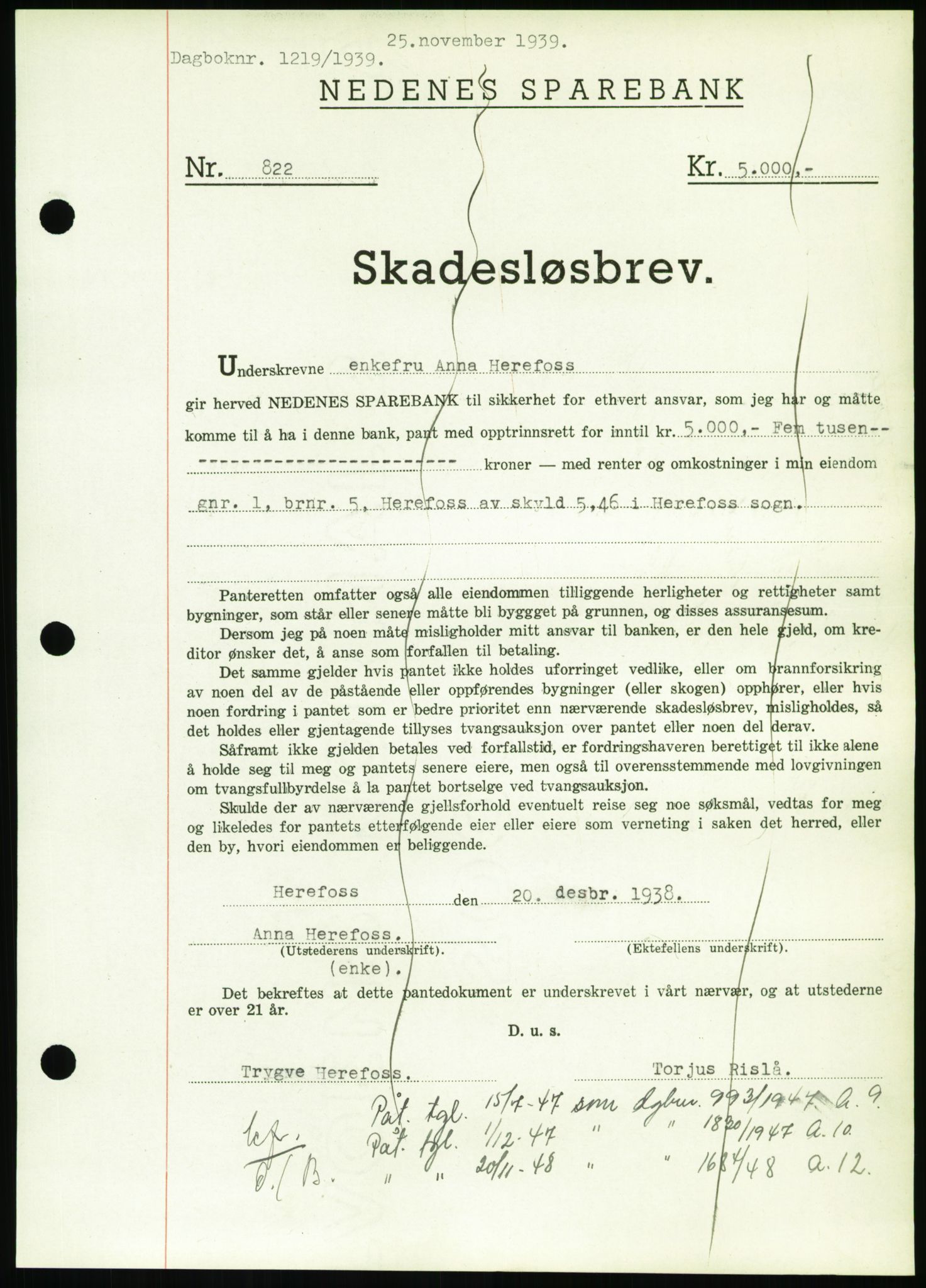 Nedenes sorenskriveri, SAK/1221-0006/G/Gb/Gbb/L0001: Pantebok nr. I, 1939-1942, Dagboknr: 1219/1939