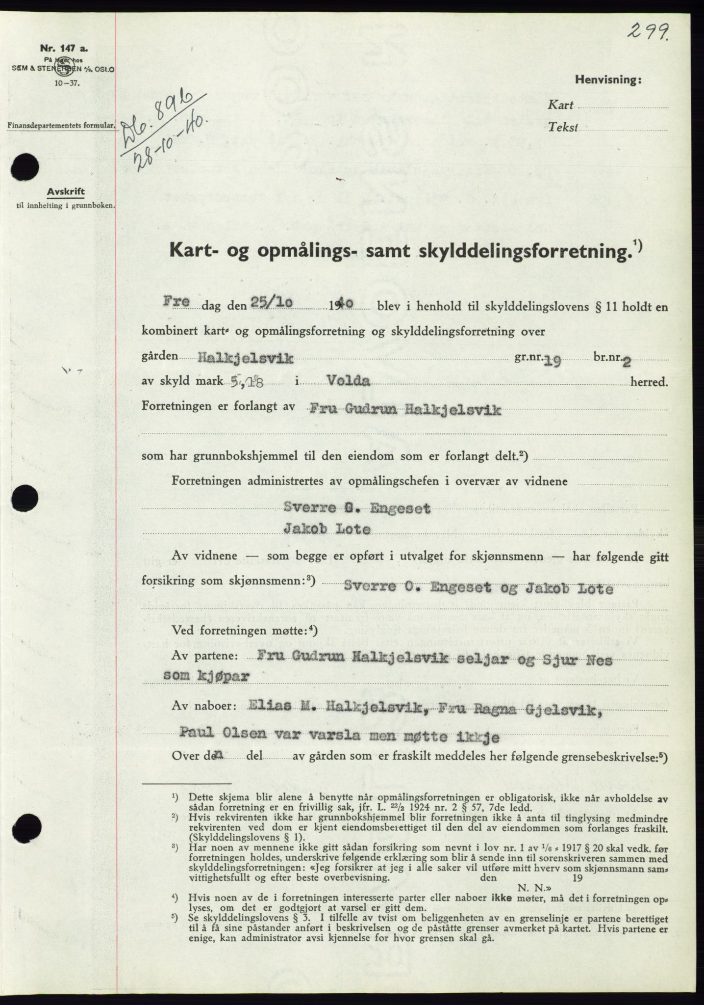 Søre Sunnmøre sorenskriveri, SAT/A-4122/1/2/2C/L0070: Pantebok nr. 64, 1940-1941, Dagboknr: 896/1940