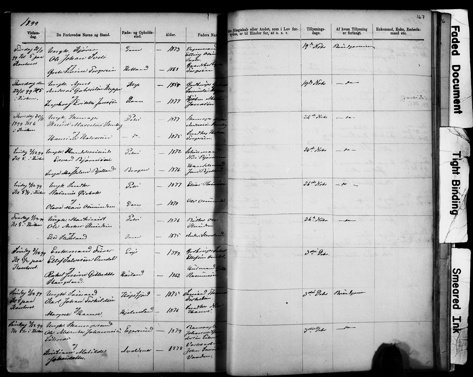 Domkirken sokneprestkontor, AV/SAST-A-101812/001/30/30BB/L0014: Klokkerbok nr. B 14, 1875-1902, s. 167