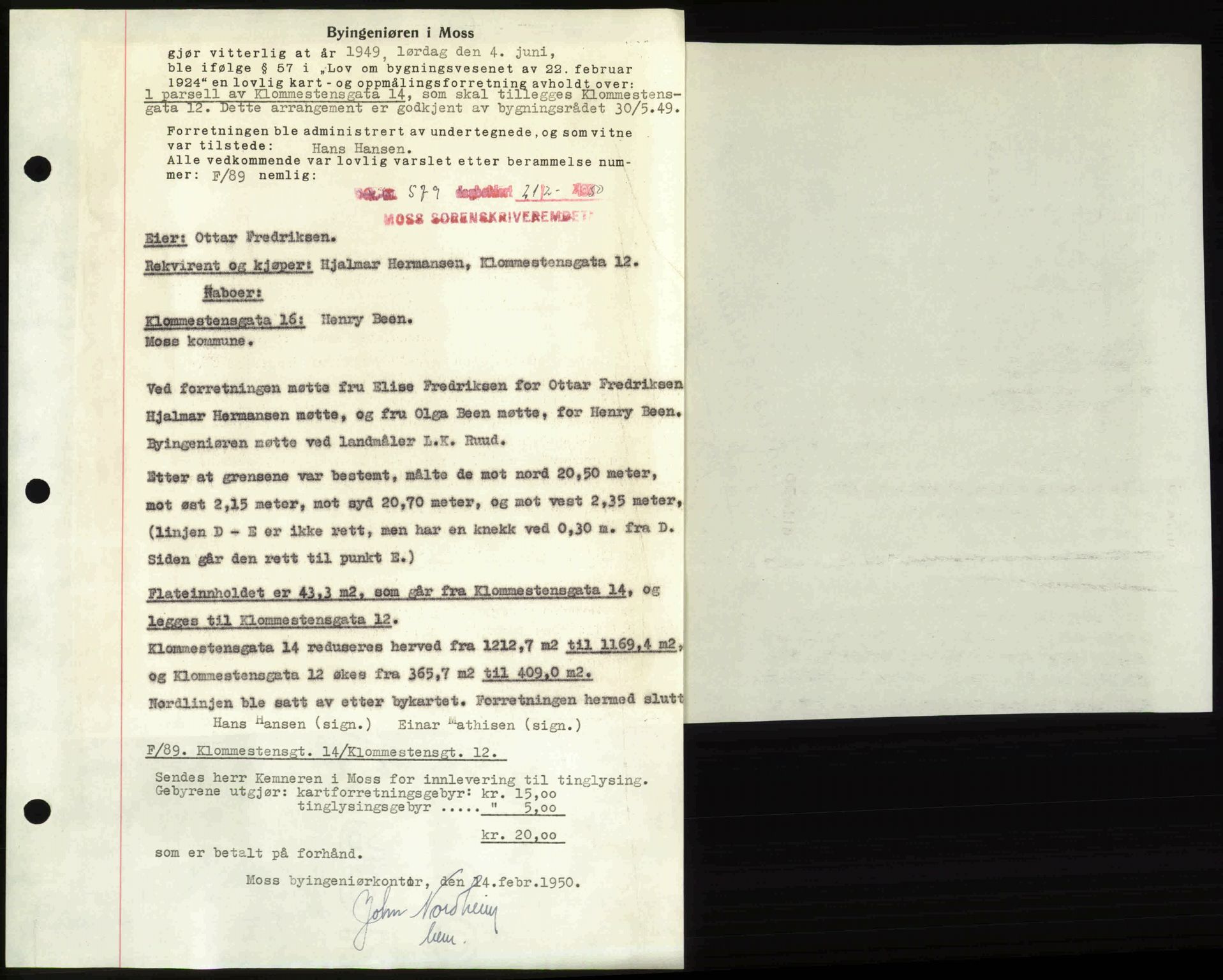 Moss sorenskriveri, SAO/A-10168: Pantebok nr. A25, 1950-1950, Dagboknr: 579/1950