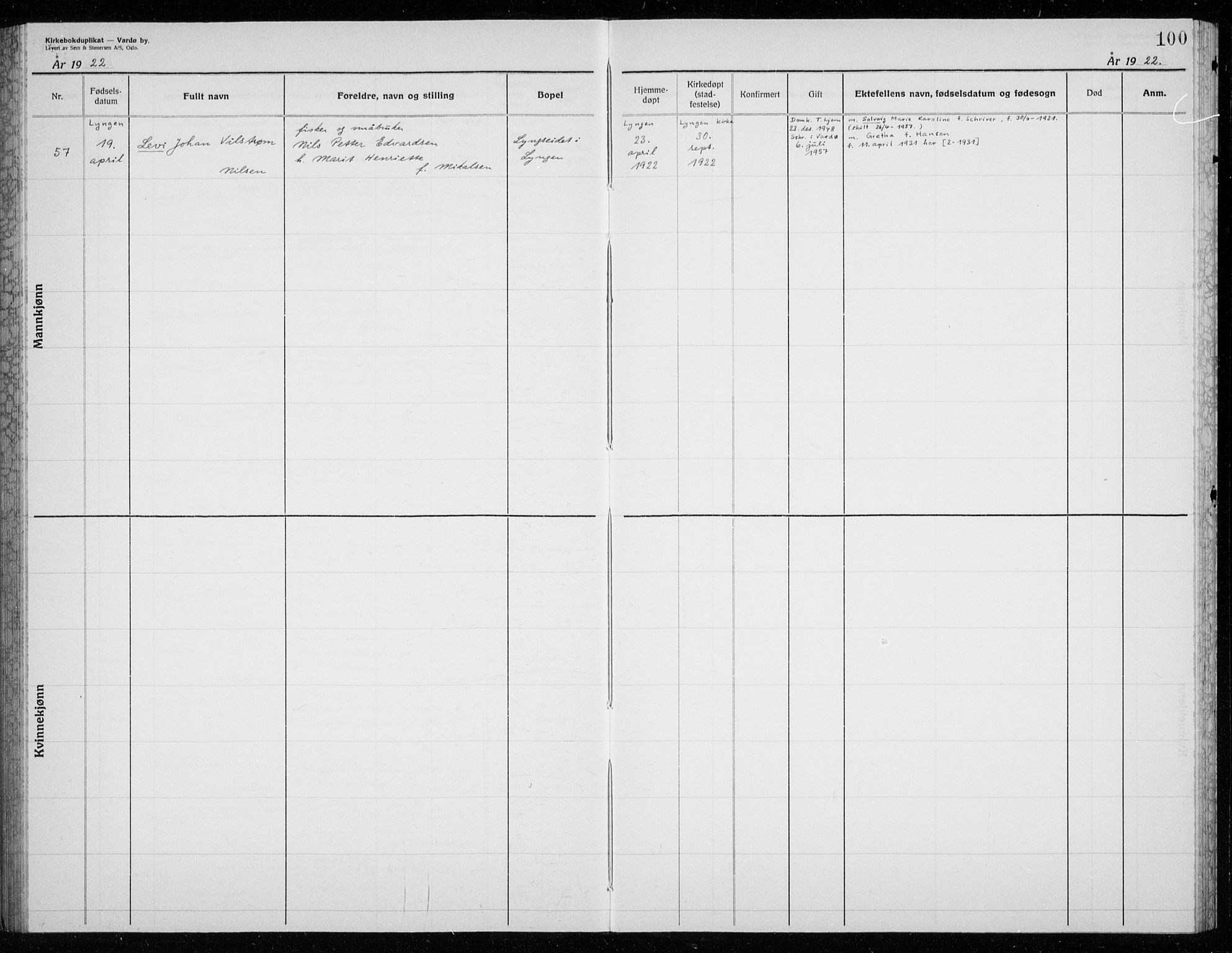 Vardø sokneprestkontor, AV/SATØ-S-1332/H/Hc/L0002kirkerekon: Annen kirkebok nr. 2, 1915-1929, s. 100