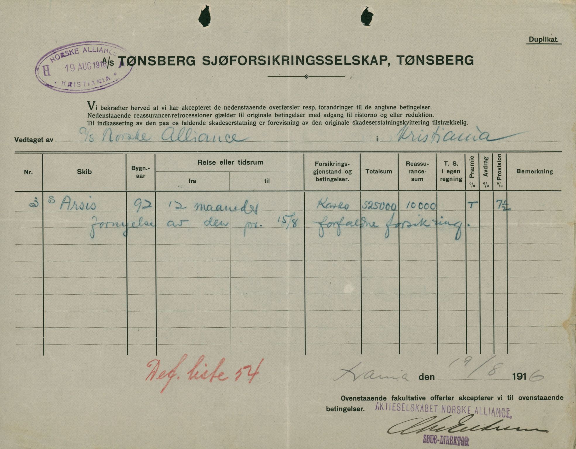 Pa 664 - Tønsberg Sjøforsikringsselskap, VEMU/A-1773/F/L0001: Forsikringspoliser, 1915-1918