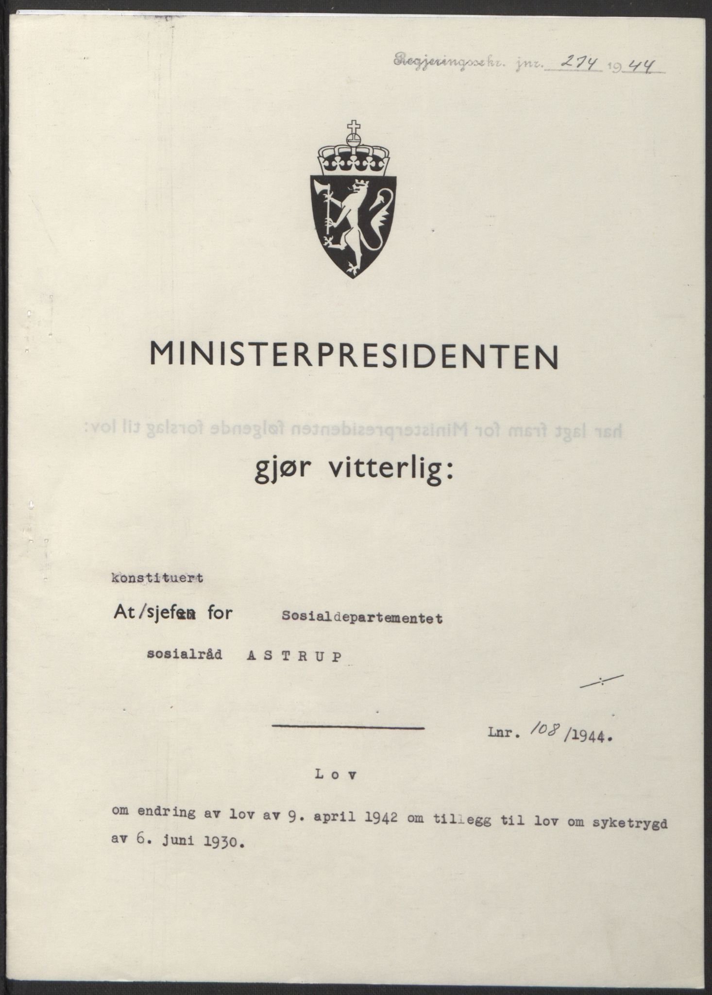 NS-administrasjonen 1940-1945 (Statsrådsekretariatet, de kommisariske statsråder mm), AV/RA-S-4279/D/Db/L0100: Lover, 1944, s. 509