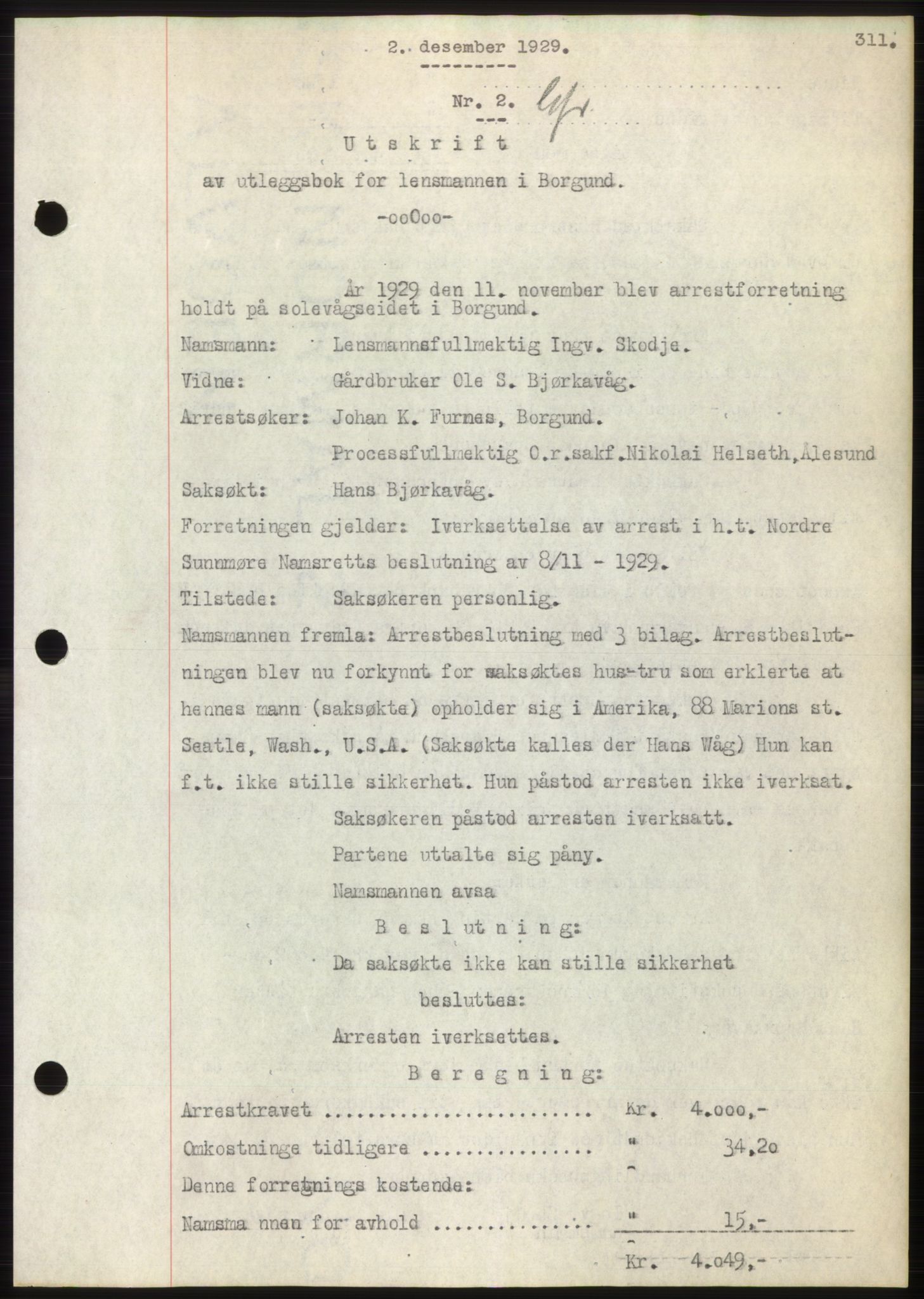 Nordre Sunnmøre sorenskriveri, SAT/A-0006/1/2/2C/2Ca/L0044: Pantebok nr. 44, 1929-1930, Tingl.dato: 02.12.1929
