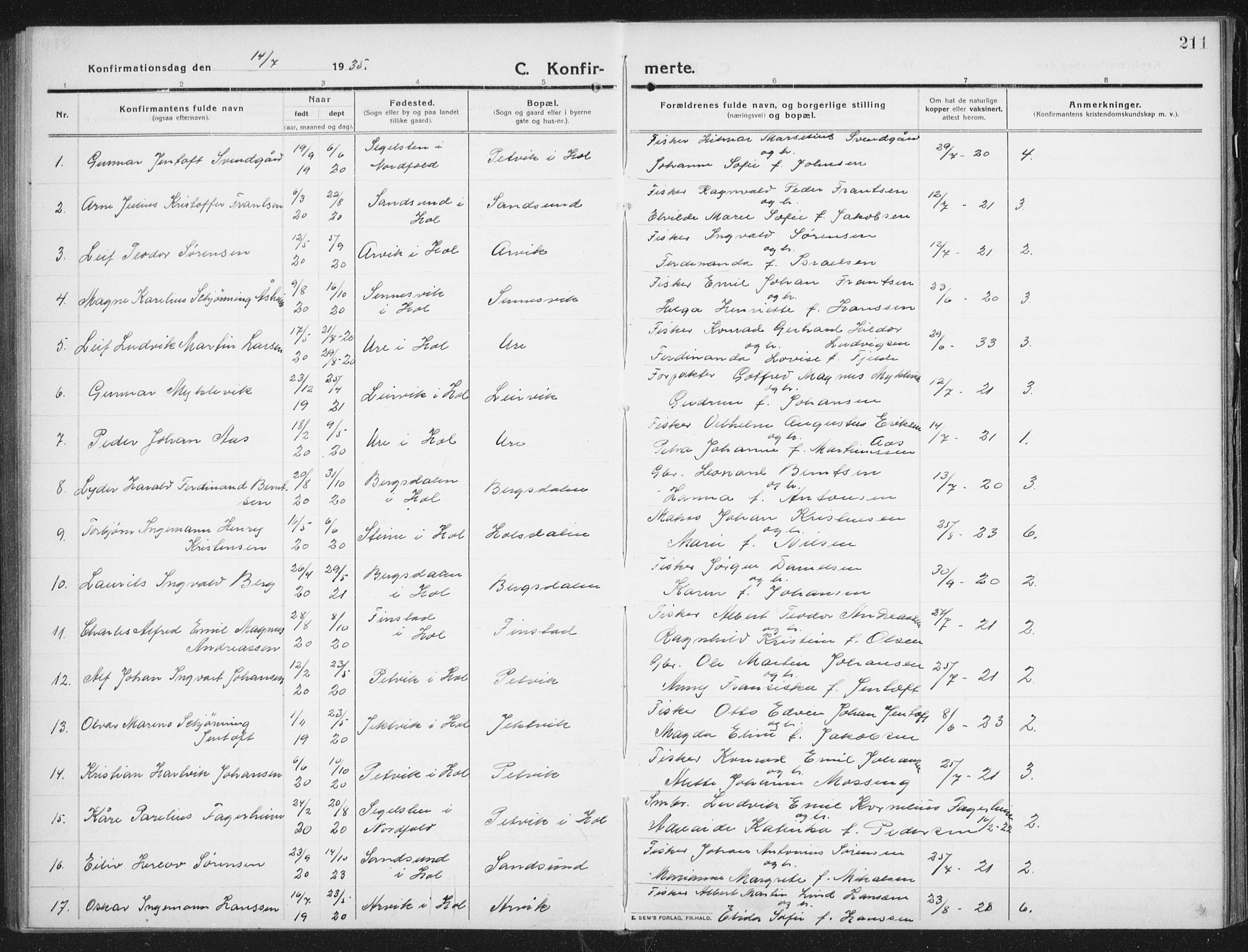 Ministerialprotokoller, klokkerbøker og fødselsregistre - Nordland, AV/SAT-A-1459/882/L1183: Klokkerbok nr. 882C01, 1911-1938, s. 211