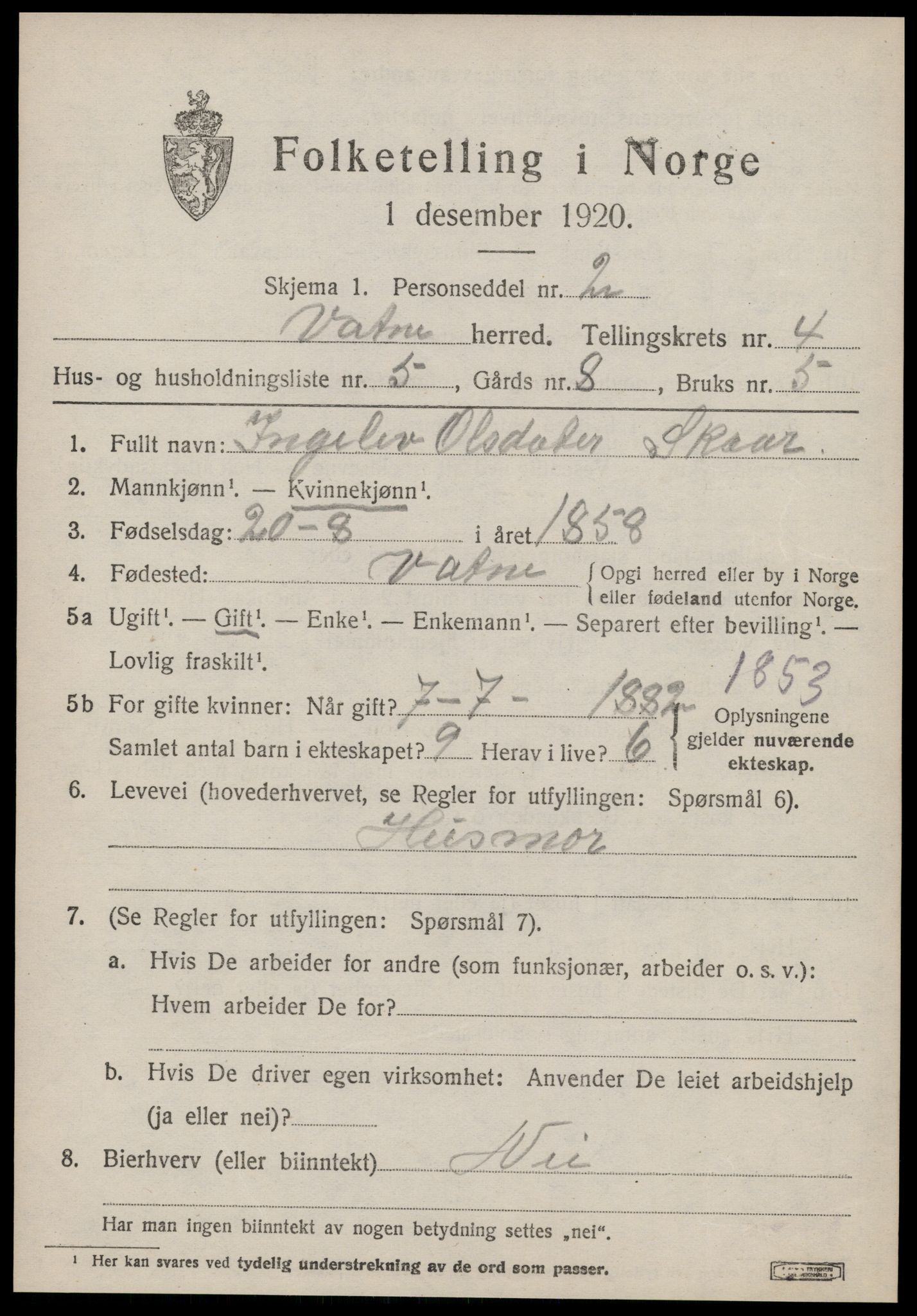SAT, Folketelling 1920 for 1530 Vatne herred, 1920, s. 1862