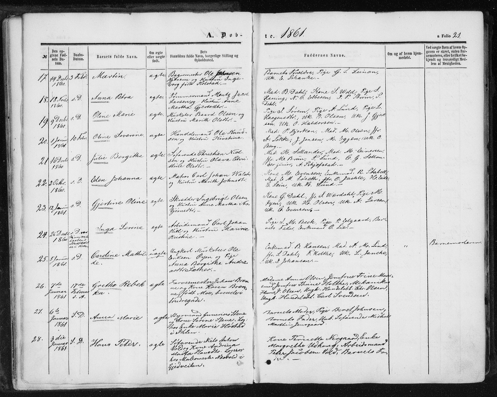 Ministerialprotokoller, klokkerbøker og fødselsregistre - Sør-Trøndelag, SAT/A-1456/602/L0115: Ministerialbok nr. 602A13, 1860-1872, s. 21