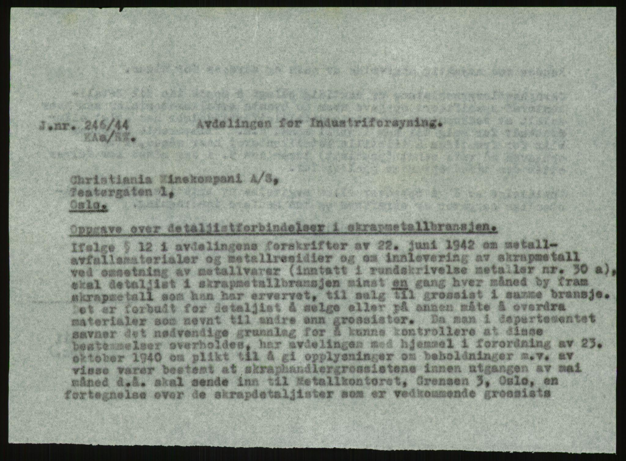 Direktoratet for industriforsyning, Sekretariatet, AV/RA-S-4153/D/Df/L0054: 9. Metallkontoret, 1940-1945, s. 1807